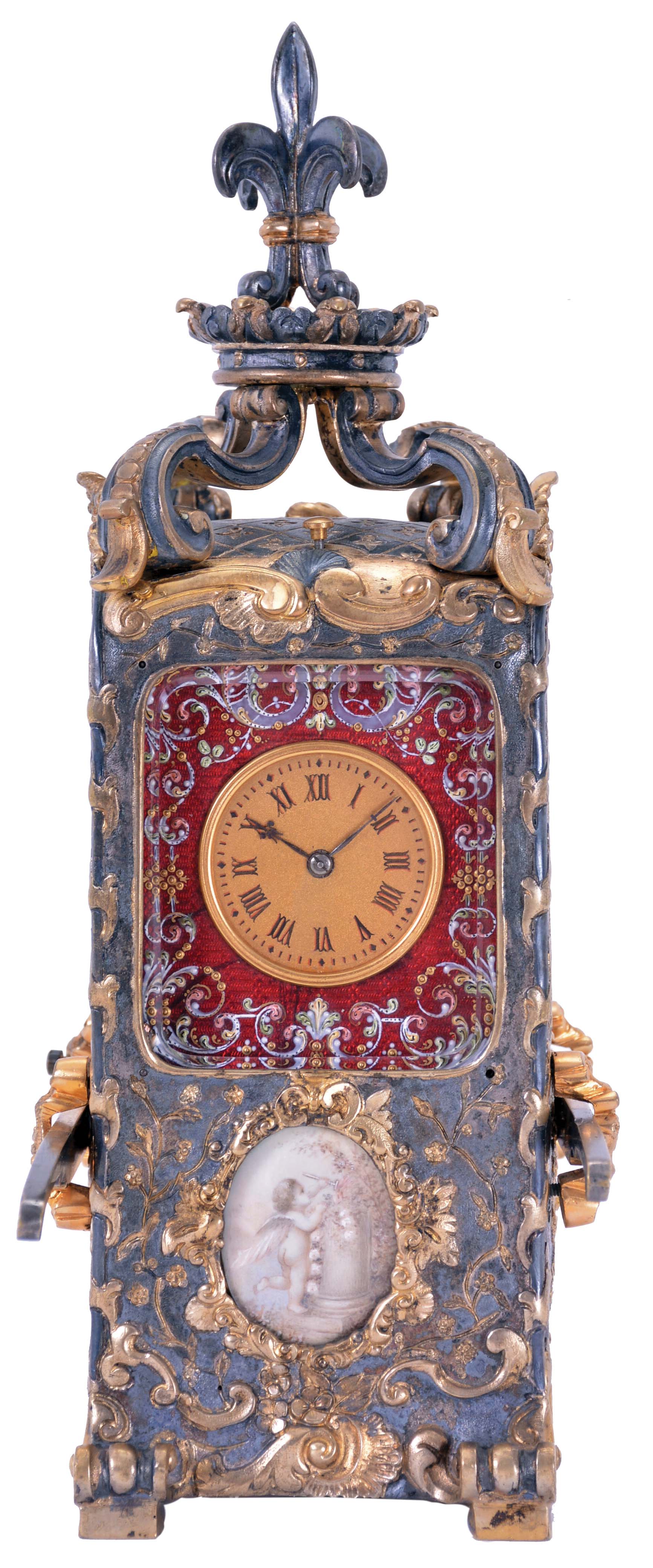 France, hour repeating carriage clock in the form of a sedan chair, the gilt and silvered brass case with rococo style ornament, scrolls, and shells, case sides portraits of a young woman with red guilloche and polychrome enamel frames, and also a small oval portrait of a putto in a garden below the dial, the top with scrolled brackets supporting a fleur de lis finial, Roman numeral gilt metal dial, also with red guilloche and polychrome enamel frame, blued steel hands, 8 day, time and strike movement with lever platform, counting the hours on a gong, and repeating the hour on demand — Antique Clocks Price Guide