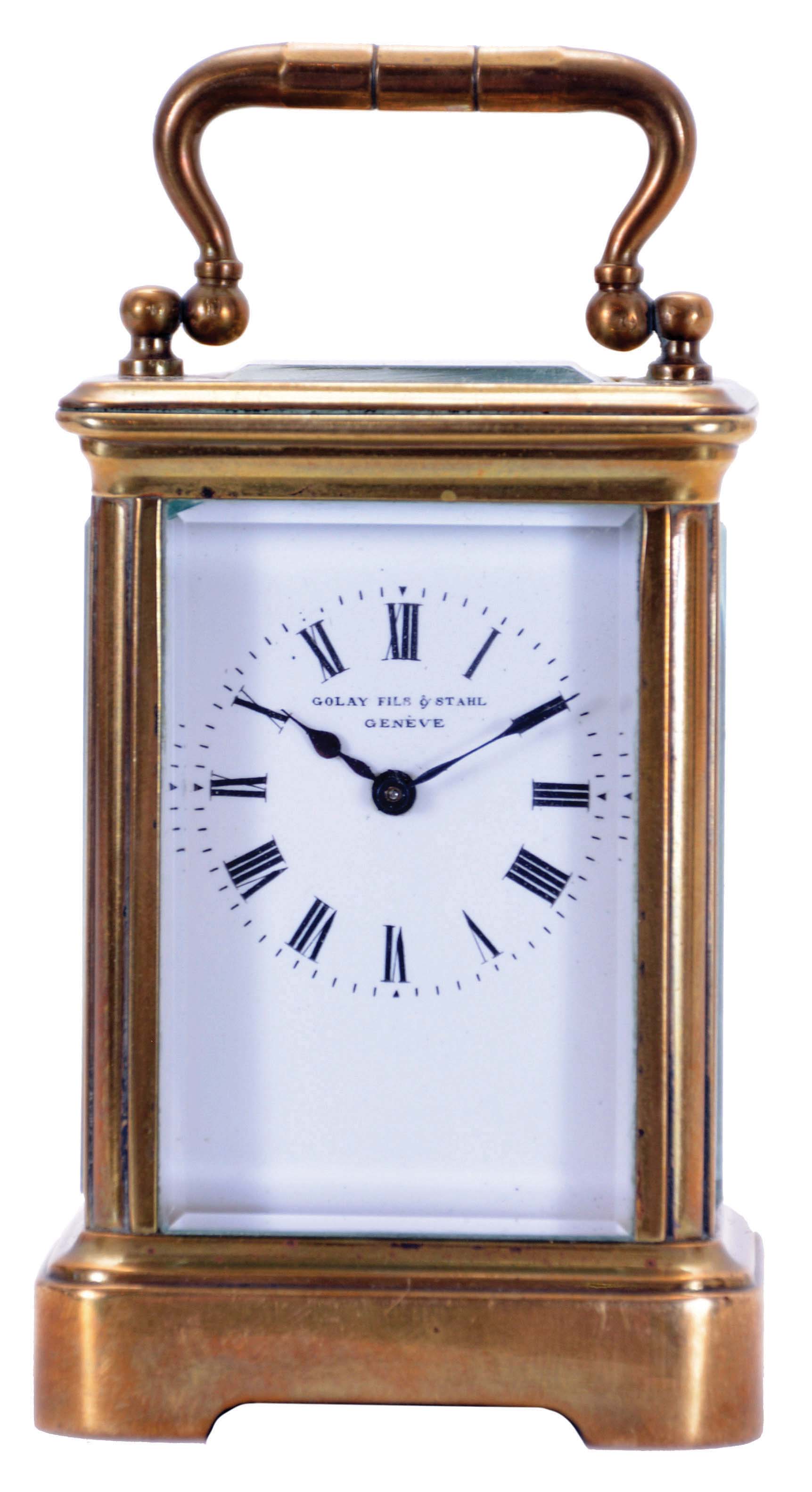 Golay, Fils &amp; Stahl, Geneve, Mignonette No. 1 carriage clock, brass Corniche case set with beveled glasses, Roman numeral white enamel dial, blued steel hands, 8 day timepiece movement with lever platform — Antique Clocks Price Guide