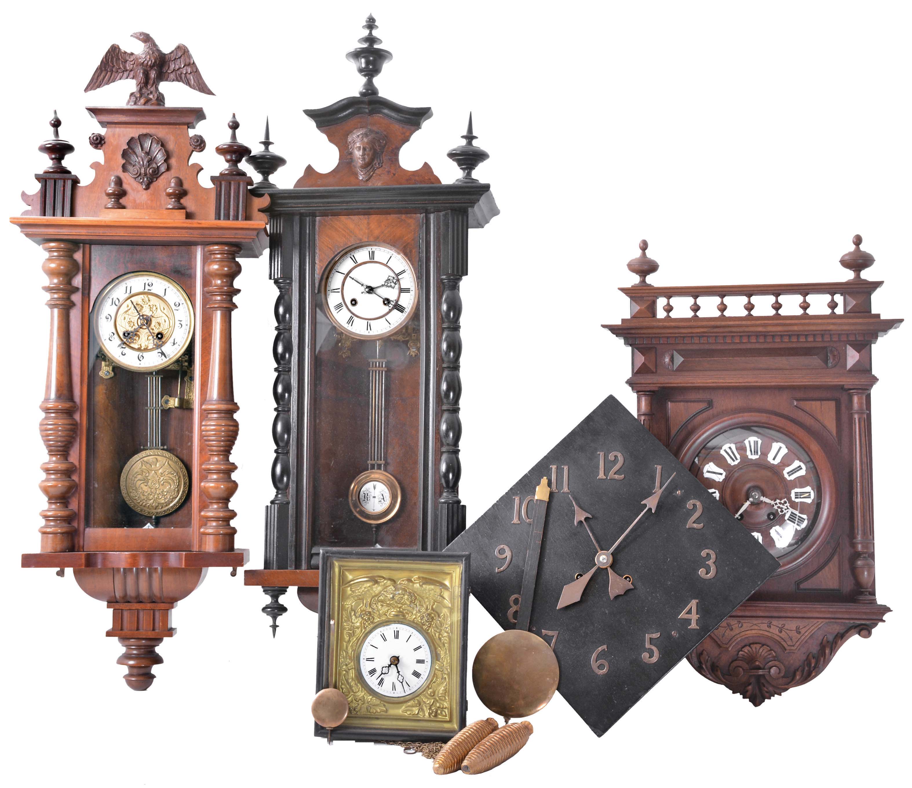 Clocks- 5 (Five) wall, spring driven: (1) German R/A; (2) Black Forest wag on the wall with gilt dial surround with eagle in picture frame; (3) Mission oak with stylized hands; (4) Vienna regulator; (5) French walnut case with fluted columns — Antique Clocks Price Guide