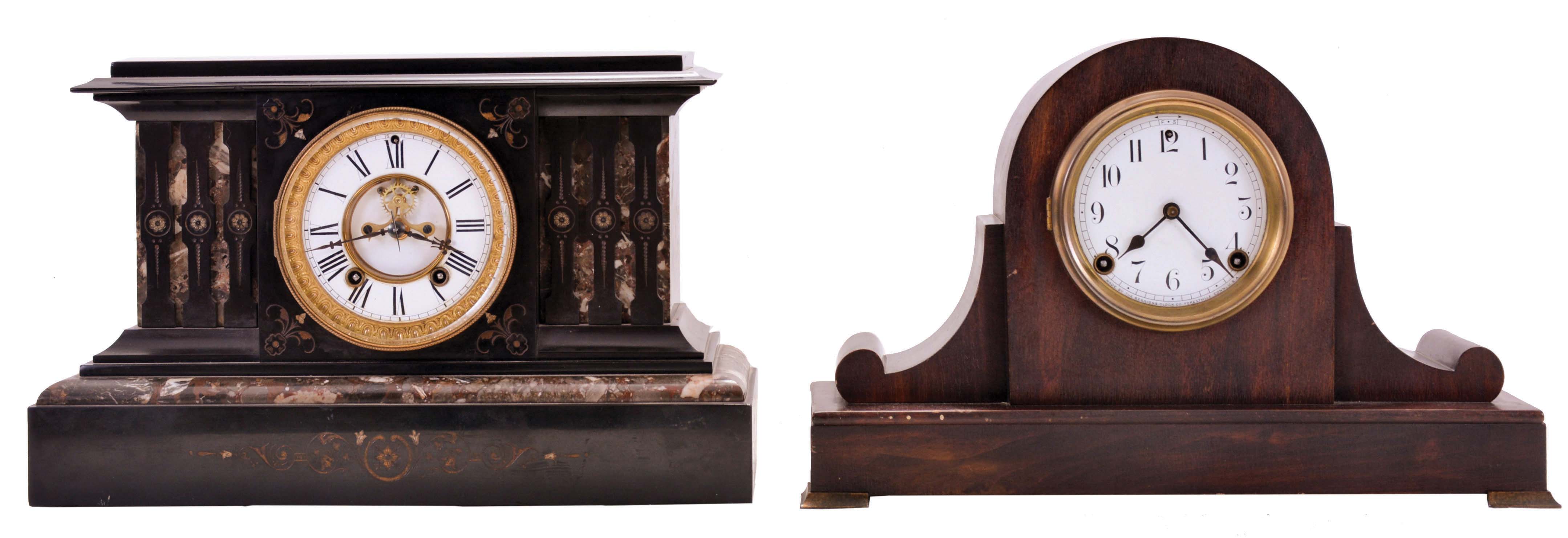 Clocks- 2 (Two): (1) Ansonia Clock Co., New York, unidentified shelf clock with a spring driven, 8 day, time and strike, (rack and snail) movement with visible escapement in a marble case, c1904; (2) Sessions Clock Co., Forestville, Conn., "Dawson" tambour mantel clock with a spring driven, 8 day time and half hour strike movement in a mahogany finished case, c1914. — Antique Clocks Price Guide