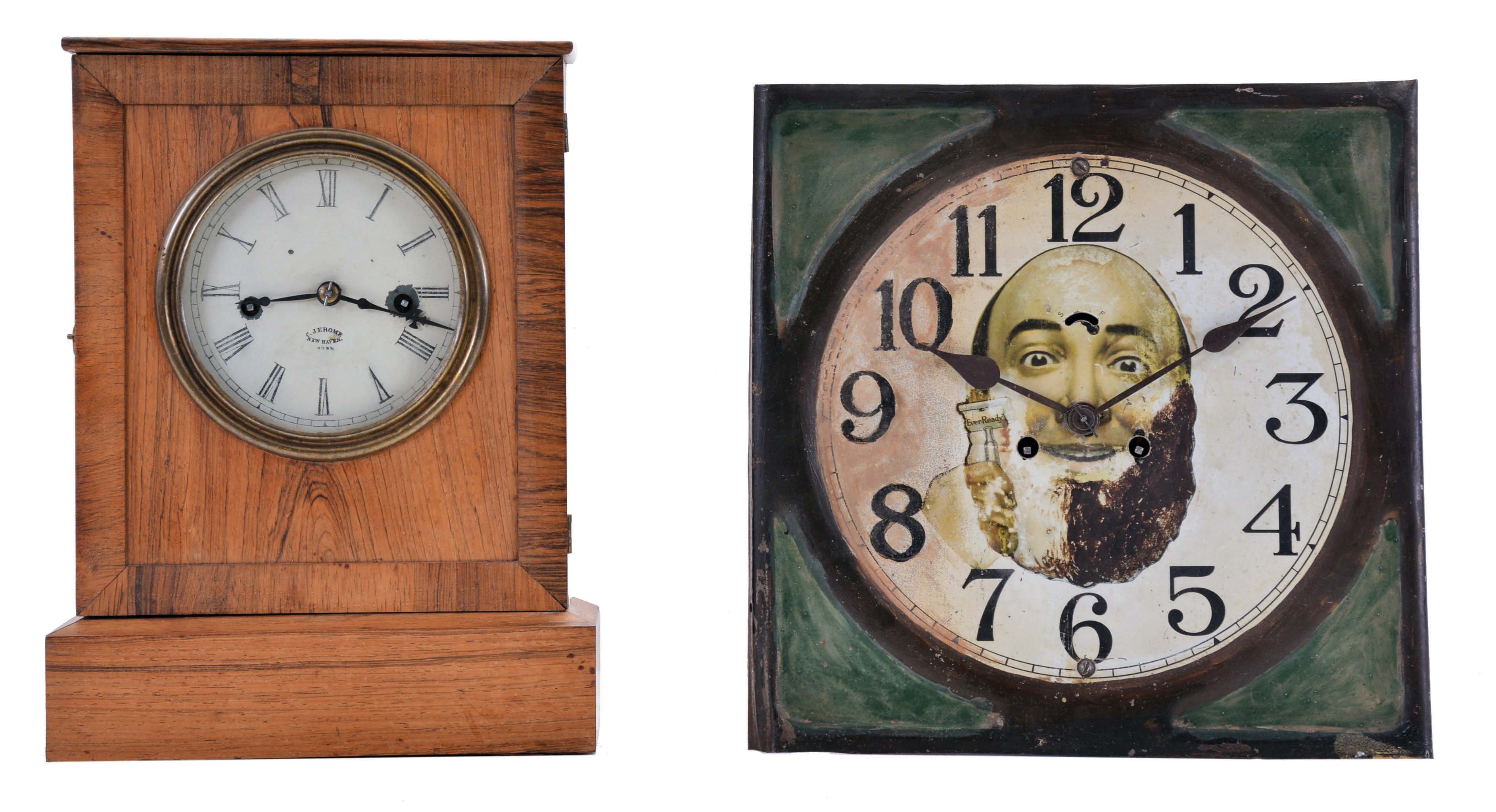 Clocks- 2 (Two) American: (1) Chauncey Jerome, New Haven, Conn., "Union" model, 30 hour, time and strike brass movement cottage clock, c1850; (2) American Safety Razor Corp., 8 day, spring driven, lever movement "Every-Ready razor advertising wall timepiece, c1910 — Antique Clocks Price Guide