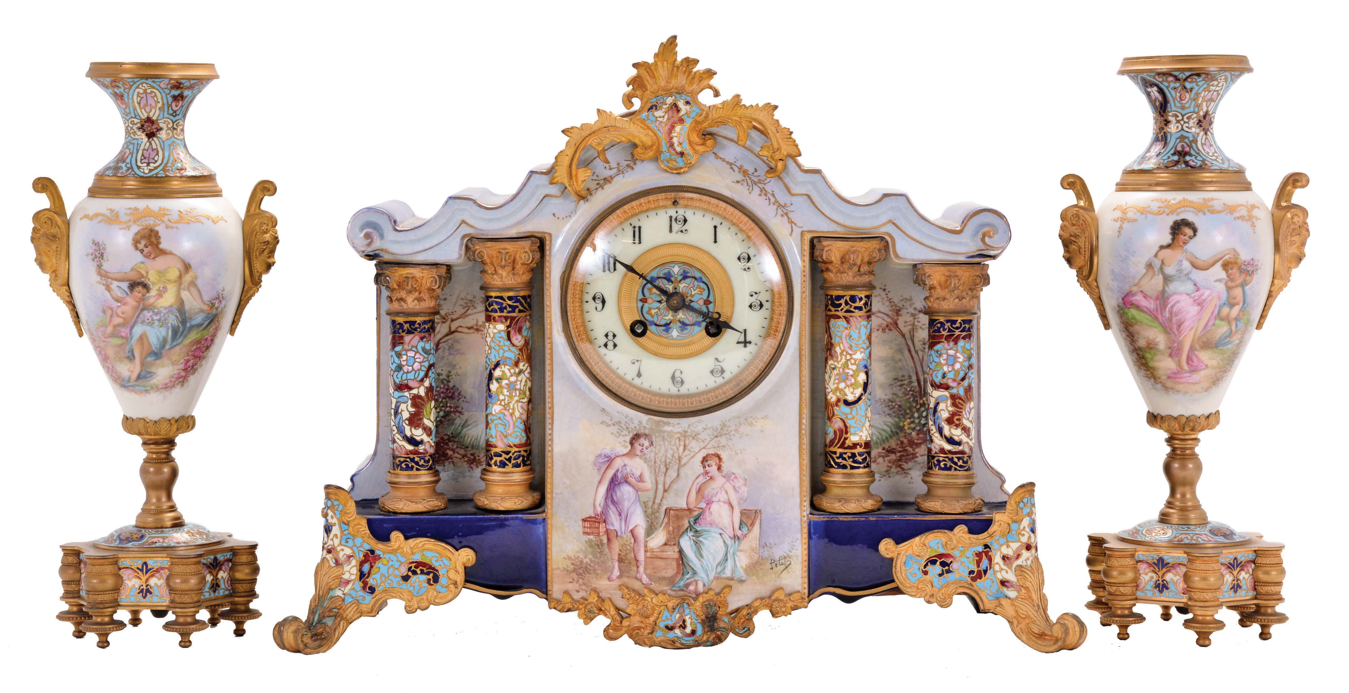 French, Marti &amp; Cie, 8 day, time and strike spring driven brass movement Garniture set. — Antique Clocks Price Guide