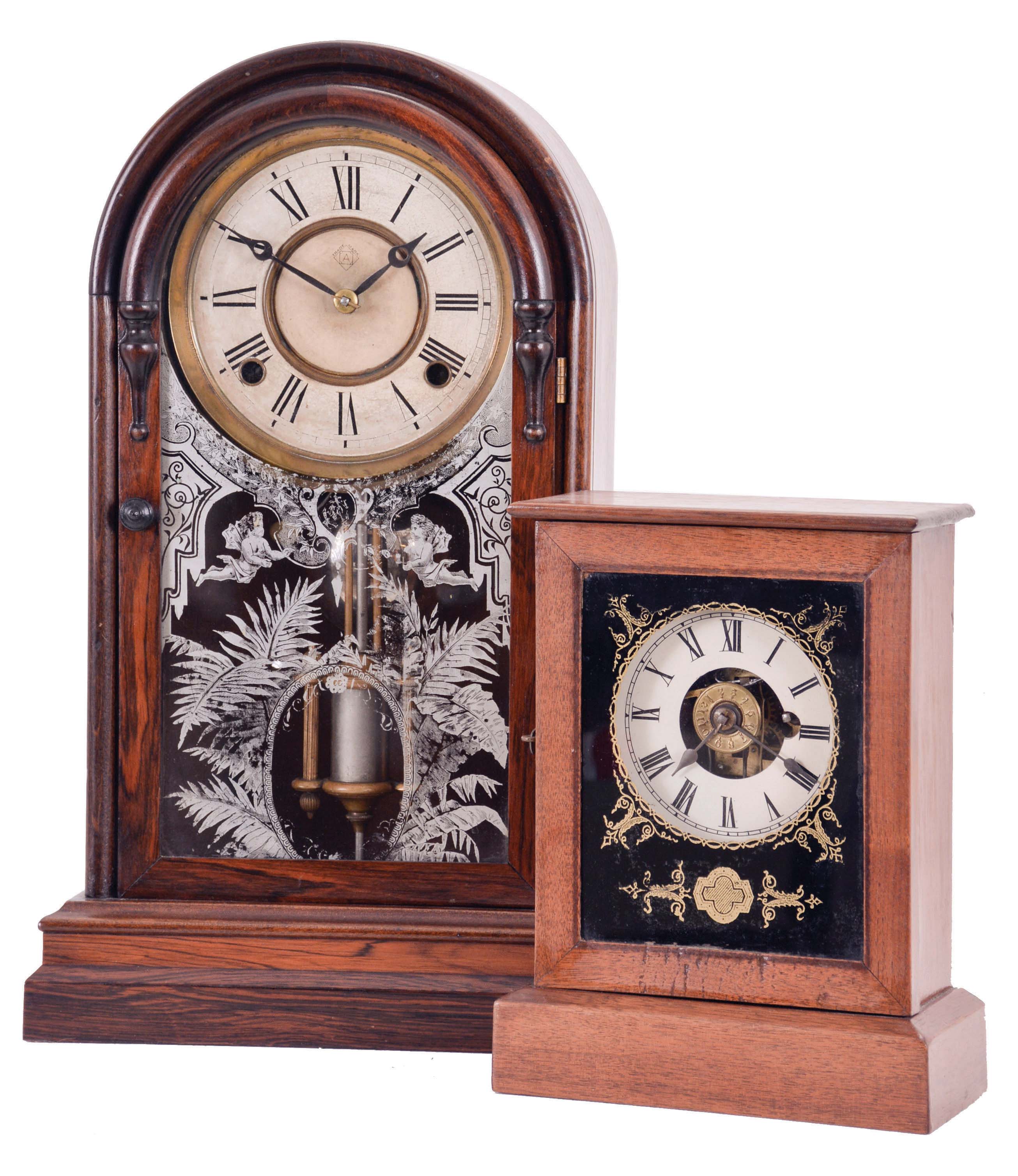 Clocks- 2 (Two): (1) Ansonia Clock Co., New York, NY, 8 day, time and strike spring driven movement shelf clock, c1883; (2) American, 30 hour, time and alarm spring driven movement miniature cottage timepiece, c1865 — Antique Clocks Price Guide