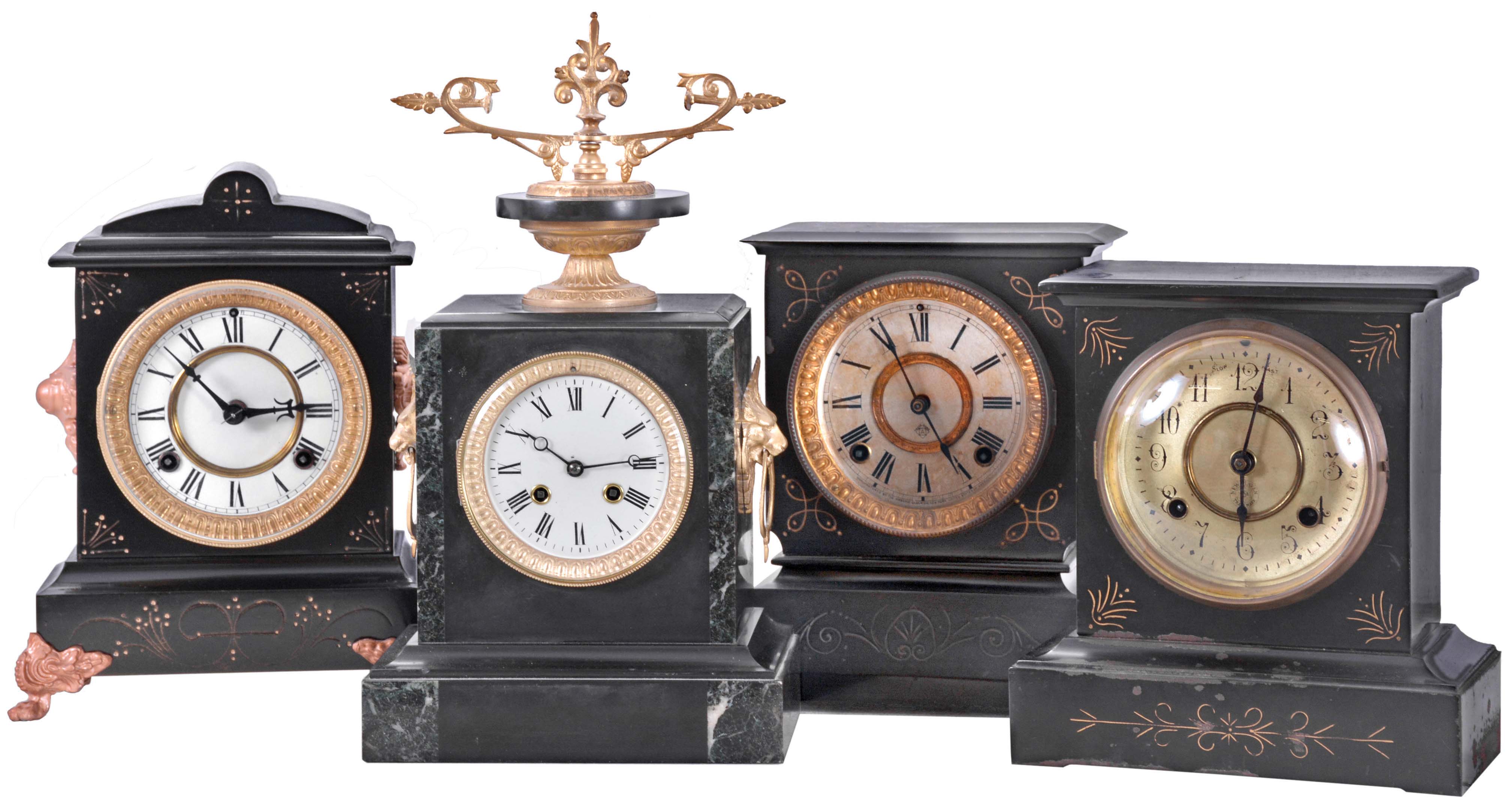 Clocks- 4 (Four): (1) Waterbury Clock Co., Waterbury, Conn., "Whither" shelf clock with a spring driven, 8 day, time and strike movement in an enameled iron case, c1896; (2) Unidentified French mantel clock with a spring driven, 8 day time and half hour strike movement in a marble case, c1890; (3) Ansonia Clock Co., New York, NY, "Dover" shelf clock with a spring driven, 8 day time and half hour strike movement in an enameled iron case, c1904; (4) New Haven Clock Co., New Haven, Conn., unidentified shelf clock with a spring driven, 8 day time and hour strike movement in an enameled iron case, c1900. — Antique Clocks Price Guide