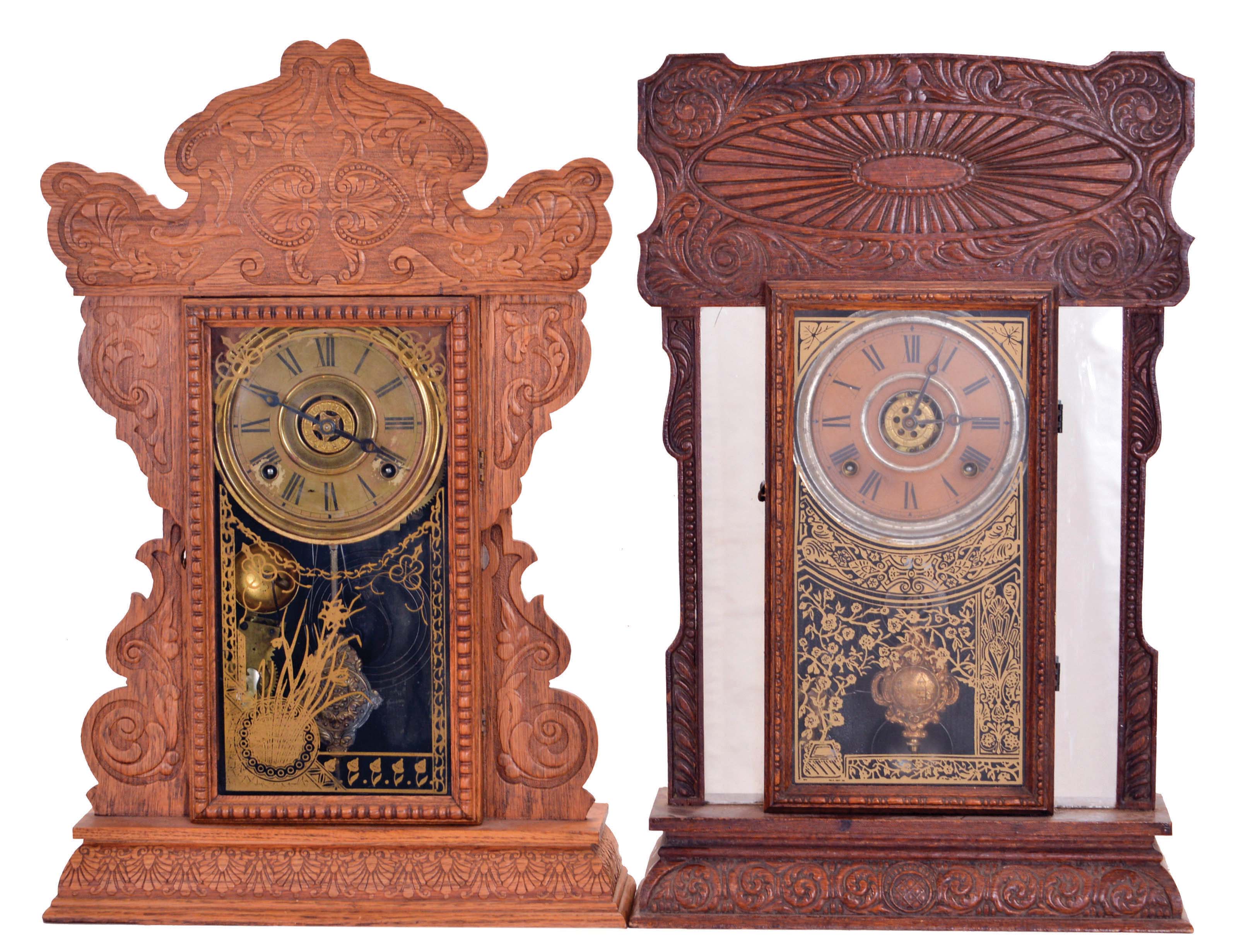 Clocks- 2 (Two): (1) E. N. Welch Mfg. Co., Forestville, Conn., "No. 23", day, time, strike and alarm spring driven movement kitchen clock, c1900; (2) E. Ingraham &amp; Co., Bristol, Conn., "Reflector", 8 day, time, strike and alarm spring driven movement kitchen clock, c1910. — Antique Clocks Price Guide