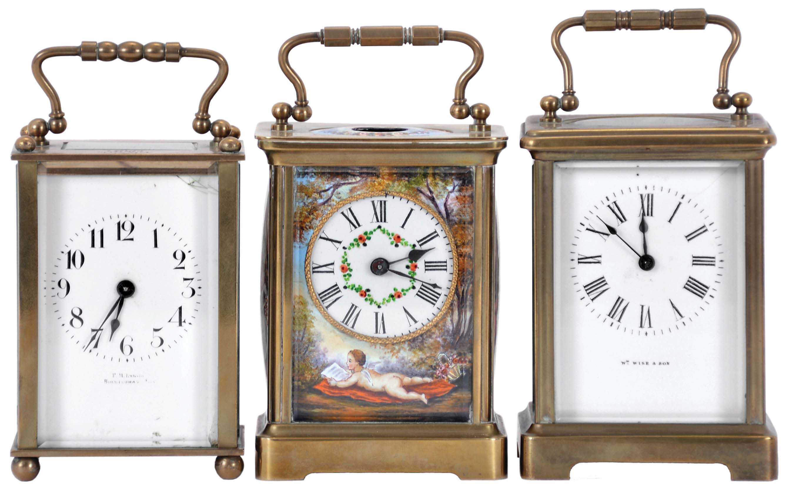 Clocks- 3 (Three) Carriage: All French, all with brass cases, white enamel dials, 8 day, timepiece movements, two with cylinder escapements, one with lever escapement, one with later polychrome enamel panels — Antique Clocks Price Guide