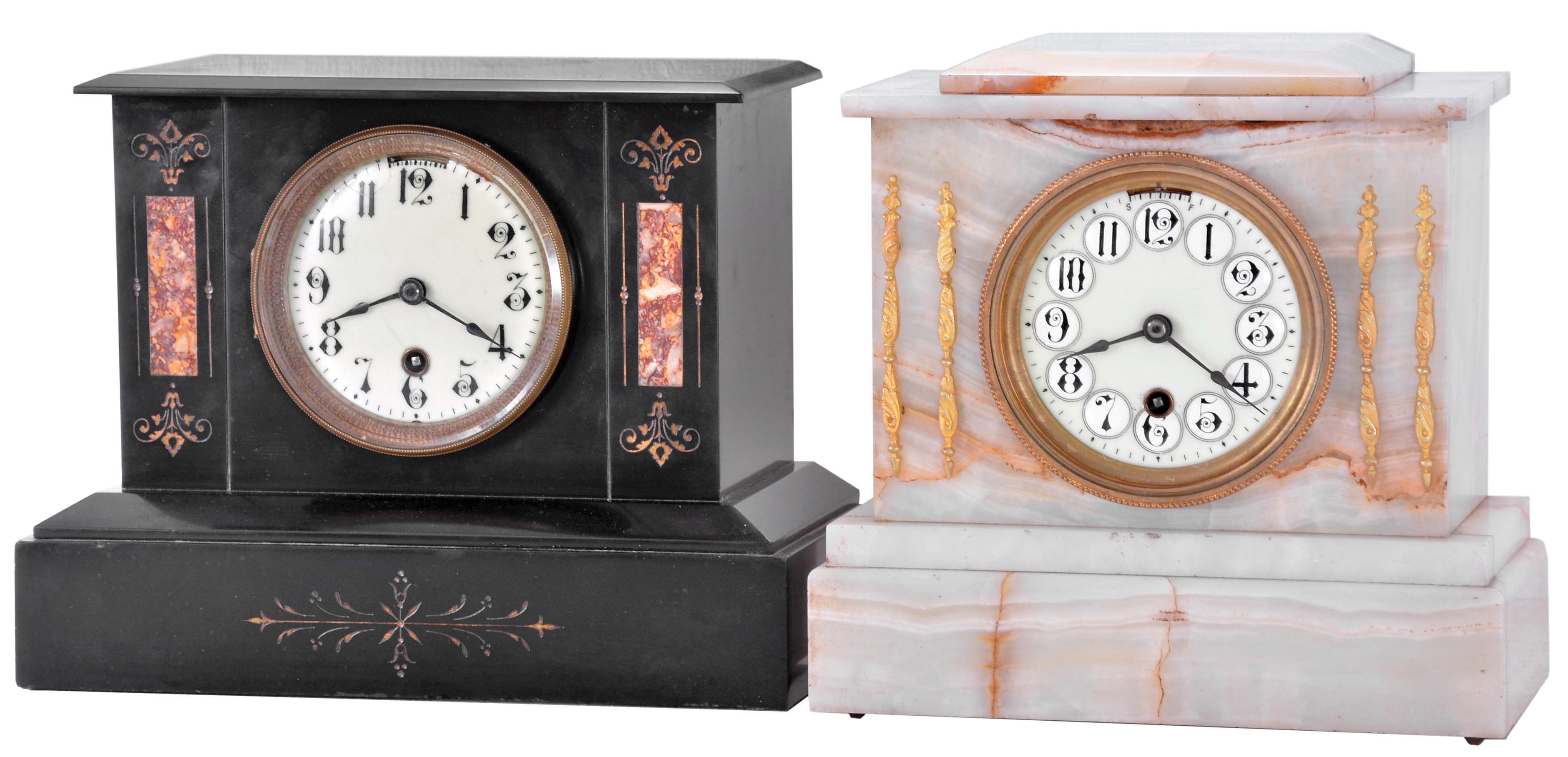 Clocks- 2 (Two) Boston Clock Co., Boston, Mass. mantel: (1) 8 day, time and strike, tandem wind balance wheel rack strike movement in black slate case with red marble insets and incised gold accents, c1890; (2) 8 day, time and strike, tandem wind balance wheel rack strike movement in white onyx case with applied metal accents and fancy dial, c1890. — Antique Clocks Price Guide