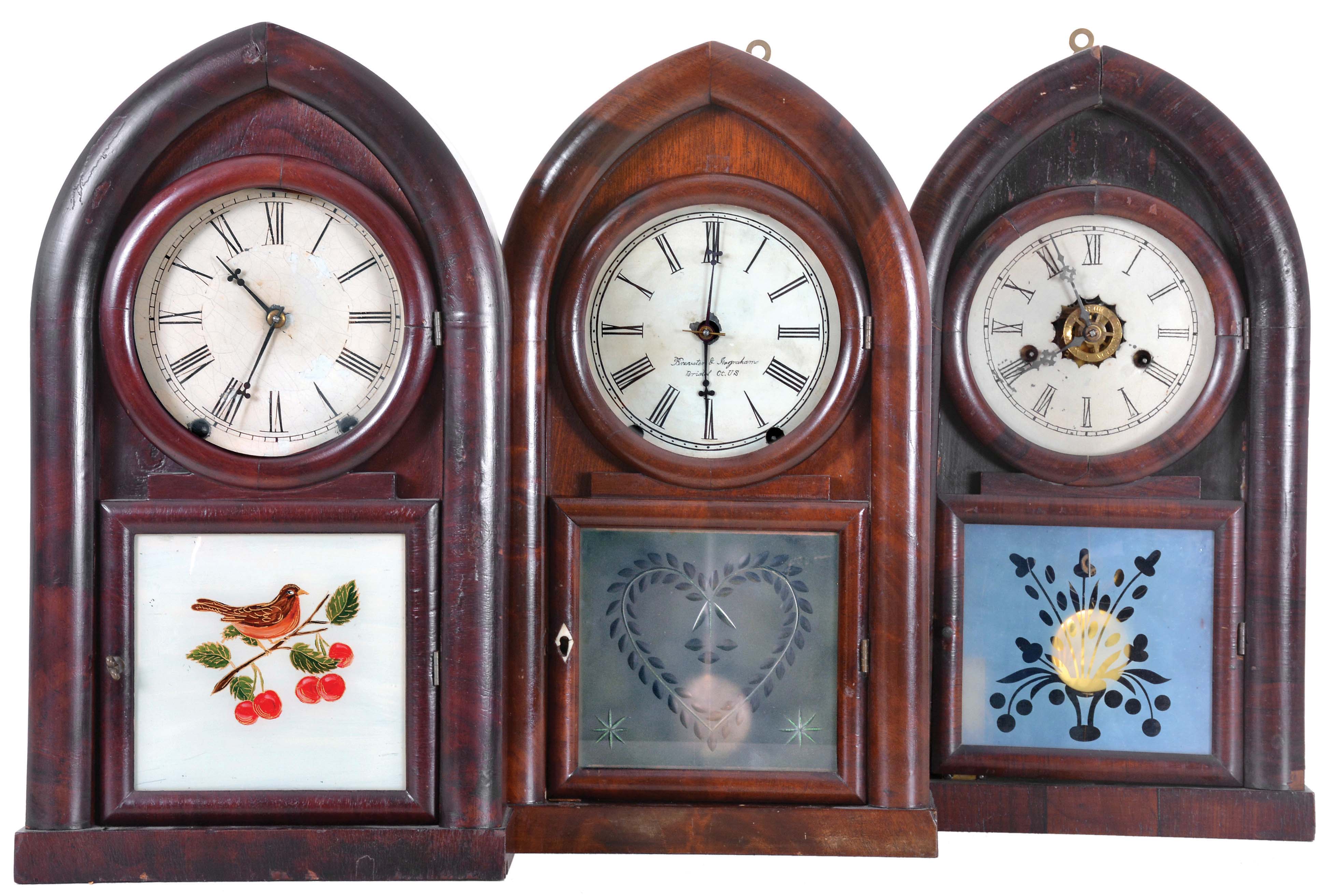 Clocks- 3 (Three): (1) E. N. Welch, Forestville, Conn., Beehive style shelf clock with a spring driven 30 hour time and strike movement in a rosewood veneered case., c1860; (2) Brewster &amp; Ingrahams, Bristol, Conn., Beehive style shelf clock with a spring driven, 8 day, time and strike movement in a mahogany veneered case., c1850; (3) William L. Gilbert &amp; Co., Winchester, Conn., Beehive style shelf clock with a spring driven, 8 day, time and strike movement in a mahogany veneered case, c1855, — Antique Clocks Price Guide