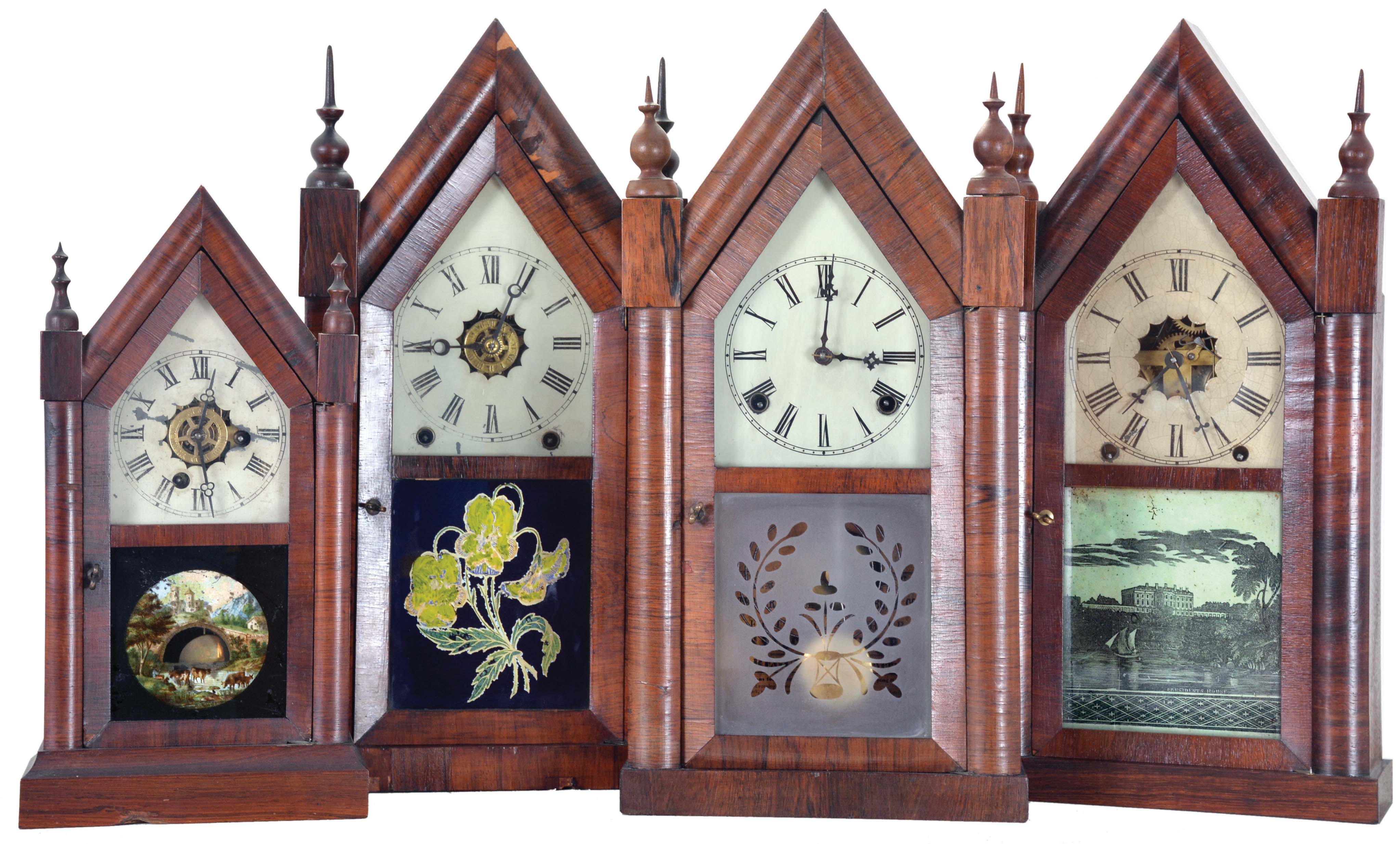 Clocks- 4 (Four): (1) American, Unknow, 30 hour, time and alarm spring driven movement miniature sharp gothic or steeple clock, c1870; (2) New Haven Clock Co., New Haven, Conn., 8 day, time, strike and alarm spring driven movement sharp gothic or steeple clock, c1870; (3) Waterbury Clock Co., Waterbury, Conn., 8 day, time and strike spring driven movement sharp gothic or steeple clock, c1870; (4) Wm. L. Gilbert &amp; Co., Winsted, Conn., 8 day, time and strike spring driven movement sharp gothic or steeple clock, c1860. — Antique Clocks Price Guide