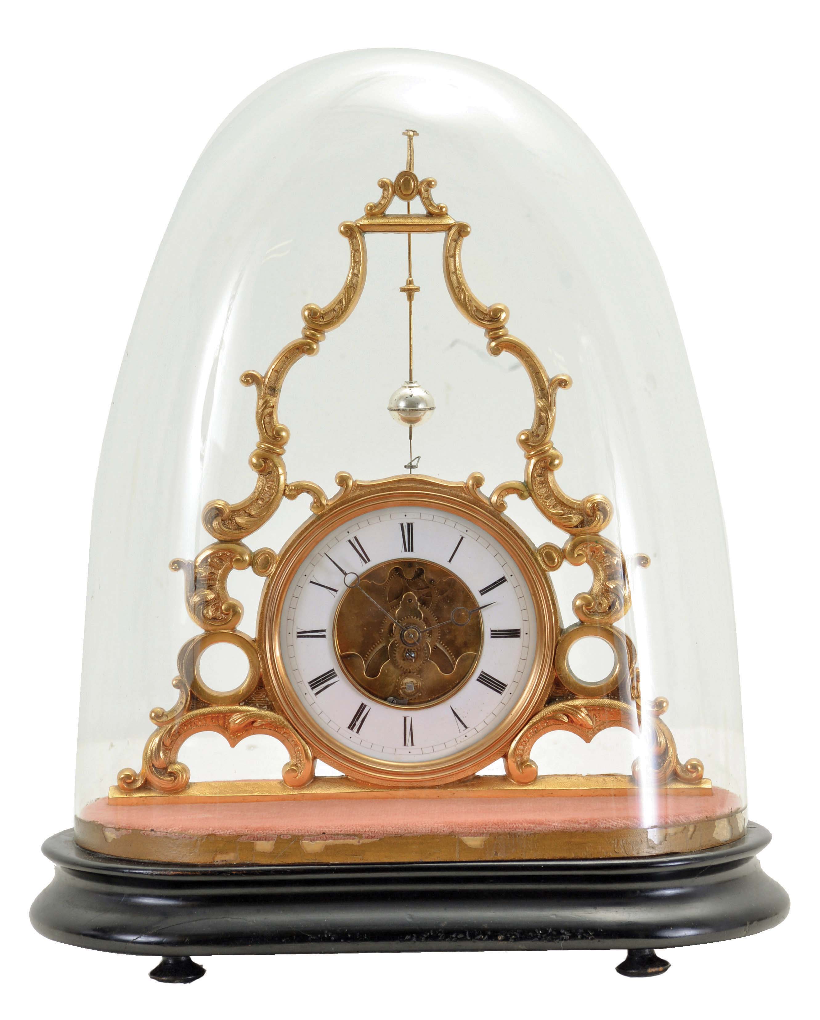 France, skeleton clock with conical pendulum, the triangular, openwork gilt frame ornamented with c scrolls and foliage, Roman numeral white enamel dial, blued steel Breguet style hands, 8 day timepiece movement, the back plate marked "Medaille de Bronze" beneath an eagle, gilt pendulum with silver plated ball, all resting on a velvet lined, ebonized wooden base, and covered with a glass dome — Antique Clocks Price Guide