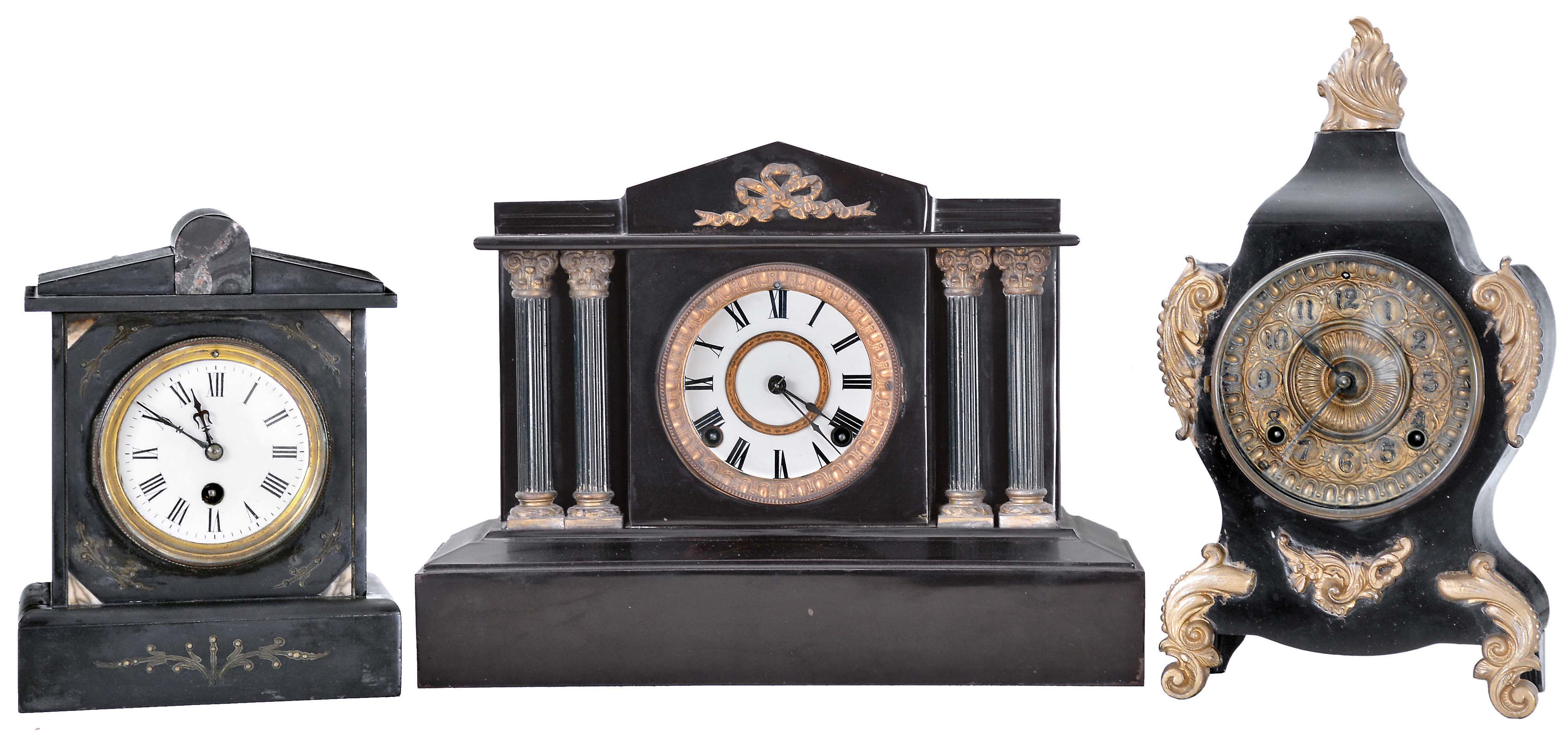 Clocks- 3 (Three) Black Mantel: (1) French, mantel clock, time only, spring driven movement in a black slate case with gray marble insets, c1880; (2) Ansonia Clock Co., NY, "Boston Extra" mantel clock, 8 day time and strike, spring driven movement in a black enameled iron case with applied gilt ornaments and fancy dial, c1904; (3) Ansonia Clock Co., NY, "Calais" mantel clock, 8 day time and strike, spring driven movement in a black enameled iron case with applied gilt trimmings and verde bronze fluted columns, c1904. — Antique Clocks Price Guide
