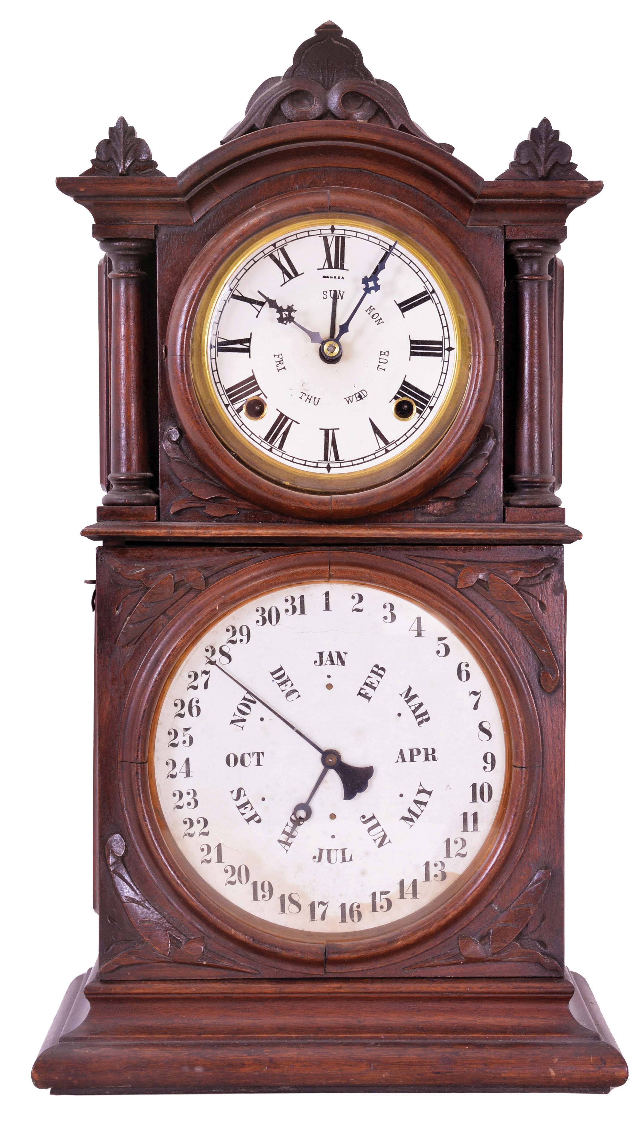 E. Ingraham &amp; Co., Bristol, Conn., "Ingraham Calendar" double dial parlor clock, 8 day, time and strike, spring driven movement with B. B. Lewis's patented perpetual calendar mechanism in a walnut case, c1881. — Antique Clocks Price Guide