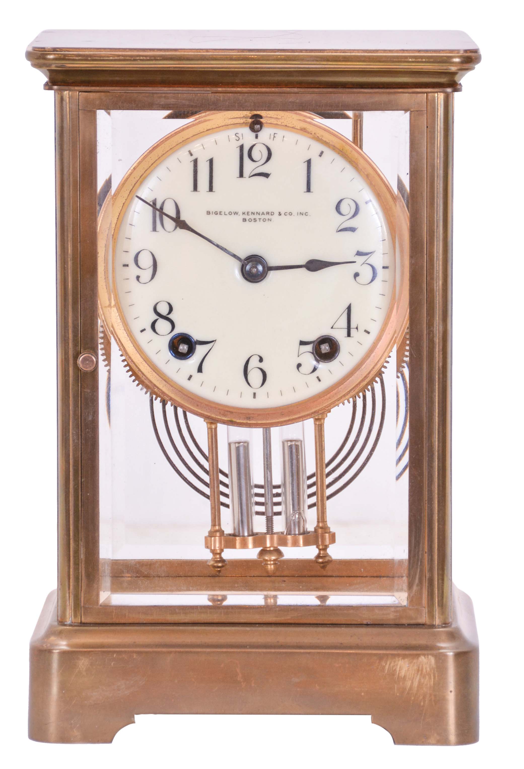 Ansonia Clock Co., New York, NY, "Coral", 8 day, time and strike spring driven movement crystal regulator mantel clock retailed by Bigelow, Kennard &amp; Co., Boston. — Antique Clocks Price Guide
