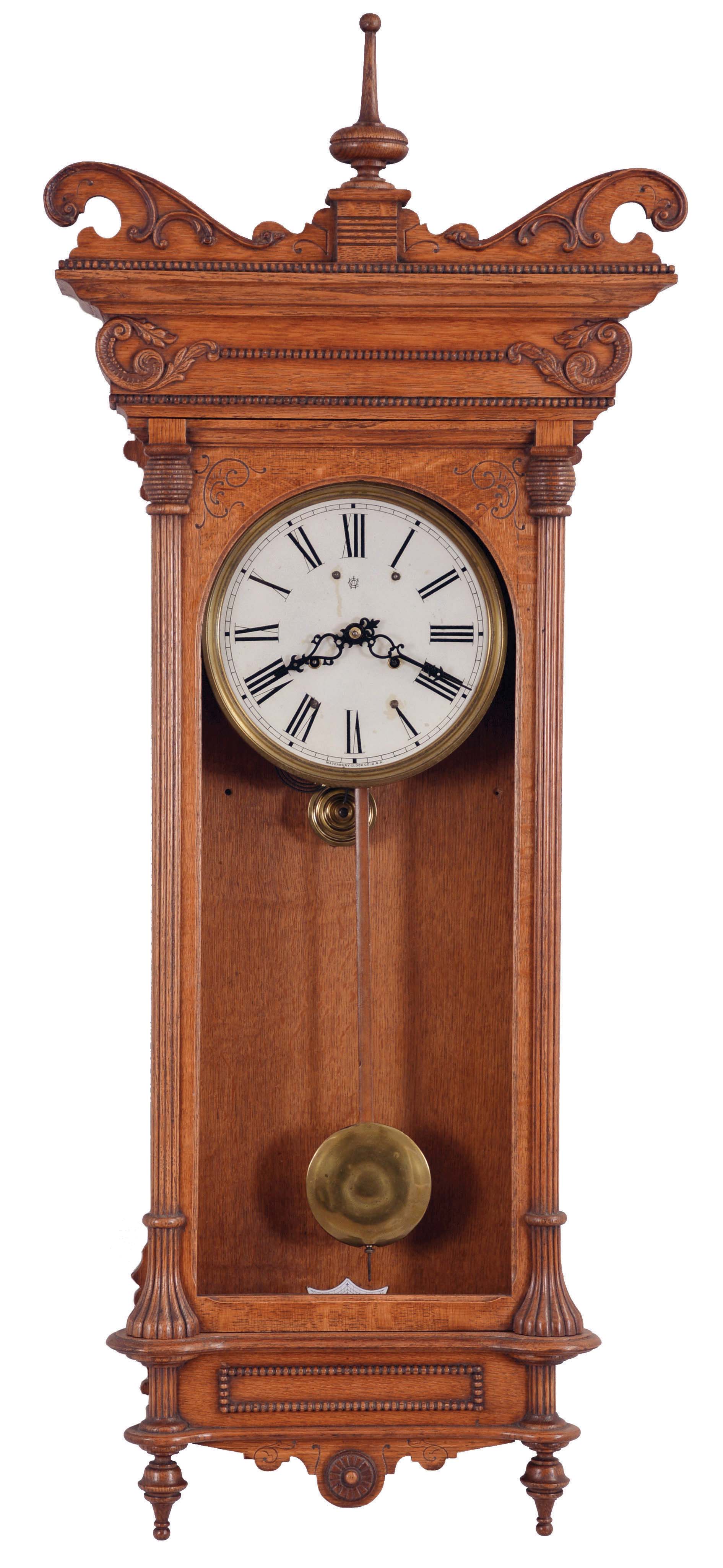 Waterbury Clock Co., Waterbury, Conn., "Kendall" wall hanging clock with a spring driven, 8 day time and half hour strike (cathedral gong) movement in an oak case. — Antique Clocks Price Guide