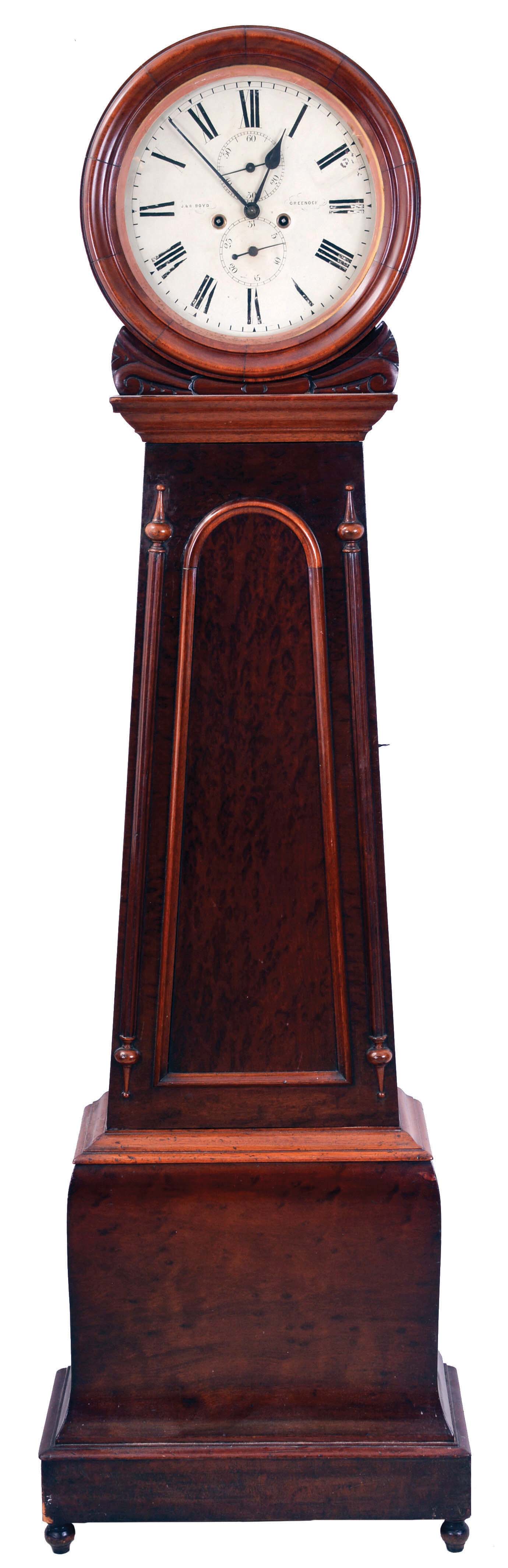 J. &amp; W. Boyd, Greenock, (Scotland), tall clock, 8 day, time and bell strike, weight driven movement in a drum head mahogany case on bun feet with painted metal dial — Antique Clocks Price Guide