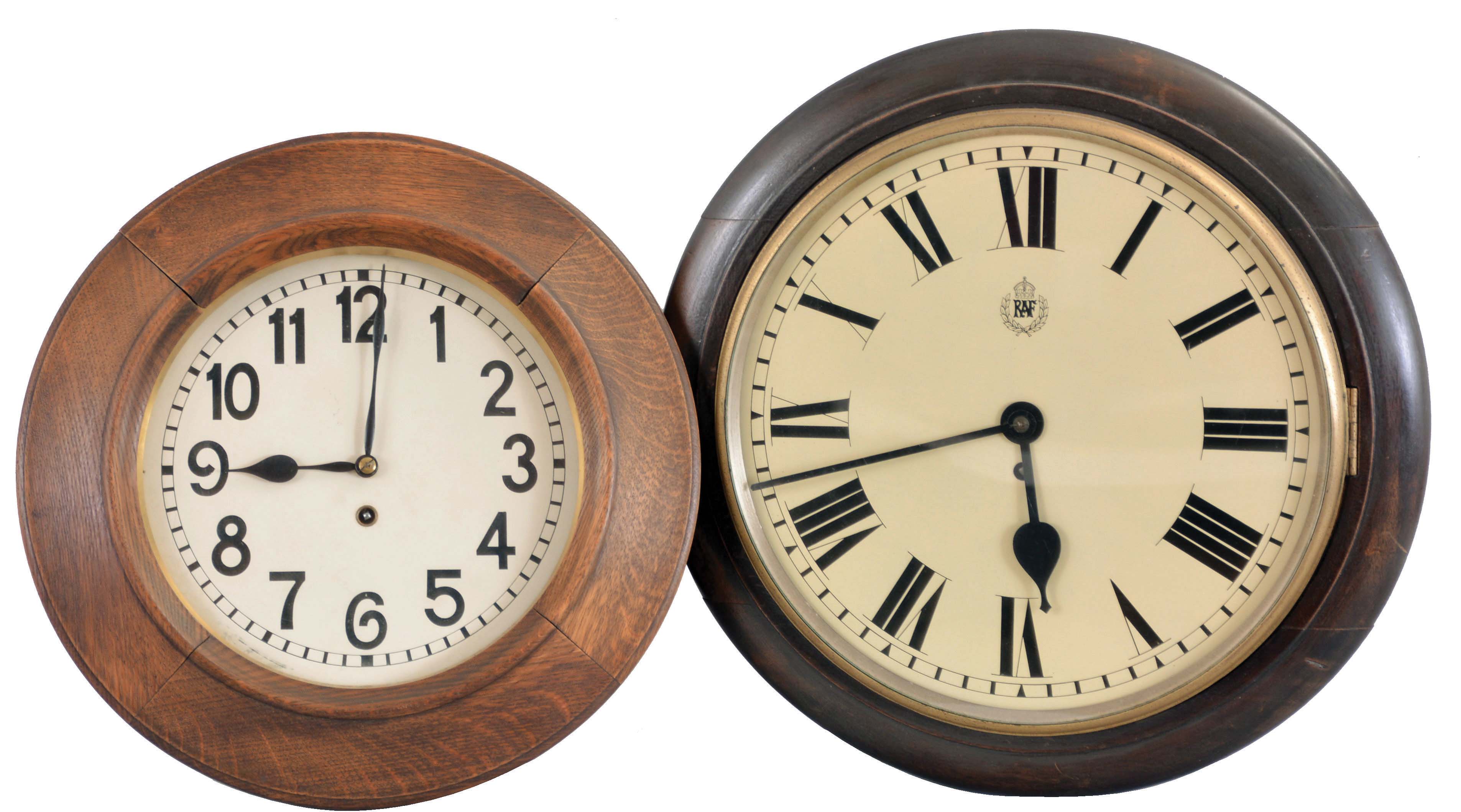 Clocks- 9 (Nine) Desk and Wall: (1) Germany, 30 hour cuckoo clock; (2) Sessions, Forestville, Conn., banjo timepiece wall clock; (3) Westclox "Big Ben" alarm clock; (4) General Electric, Telechron, electric banjo clock with mahogany case; (5) Lorenz Furtwangler Sohne, Germany, 8 day, time only gallery clock; (6) English, fusee postal clock with "RAF" and king's crown insignia on repainted dial; (7) German, RA wall clock, time only; (8) New Haven, New Haven, Conn., "Petite Doric" time and strike desk clock; (9) Bostwick and Burgess, Norwalk, Ohio, "Columbus No. 151", 30 hour wood movement wall timepiece. — Antique Clocks Price Guide