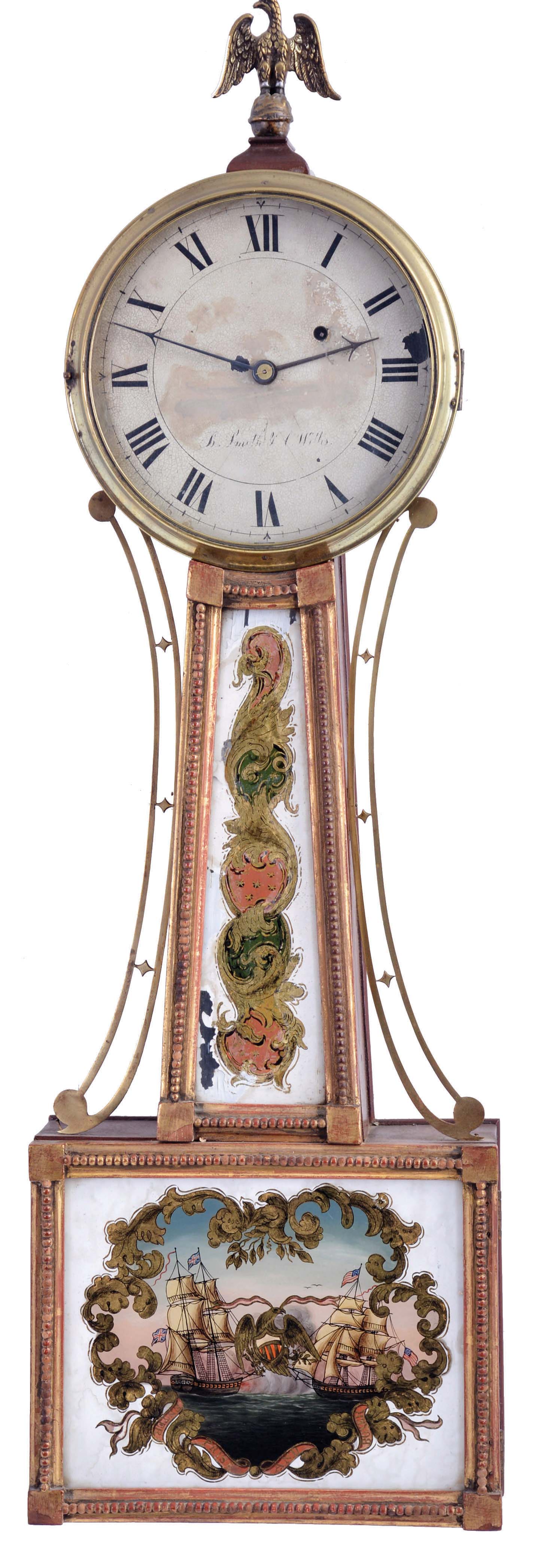 New Hampshire, 8 day, weight driven, brass movement Patent or banjo timepiece. The signature on the dial is difficult to read, but it appears to read in part Smith &amp; Willis. There was a Smith &amp; Williston in Keene, New Hampshire who advertised as clockmakers, that may be the firm name. — Antique Clocks Price Guide