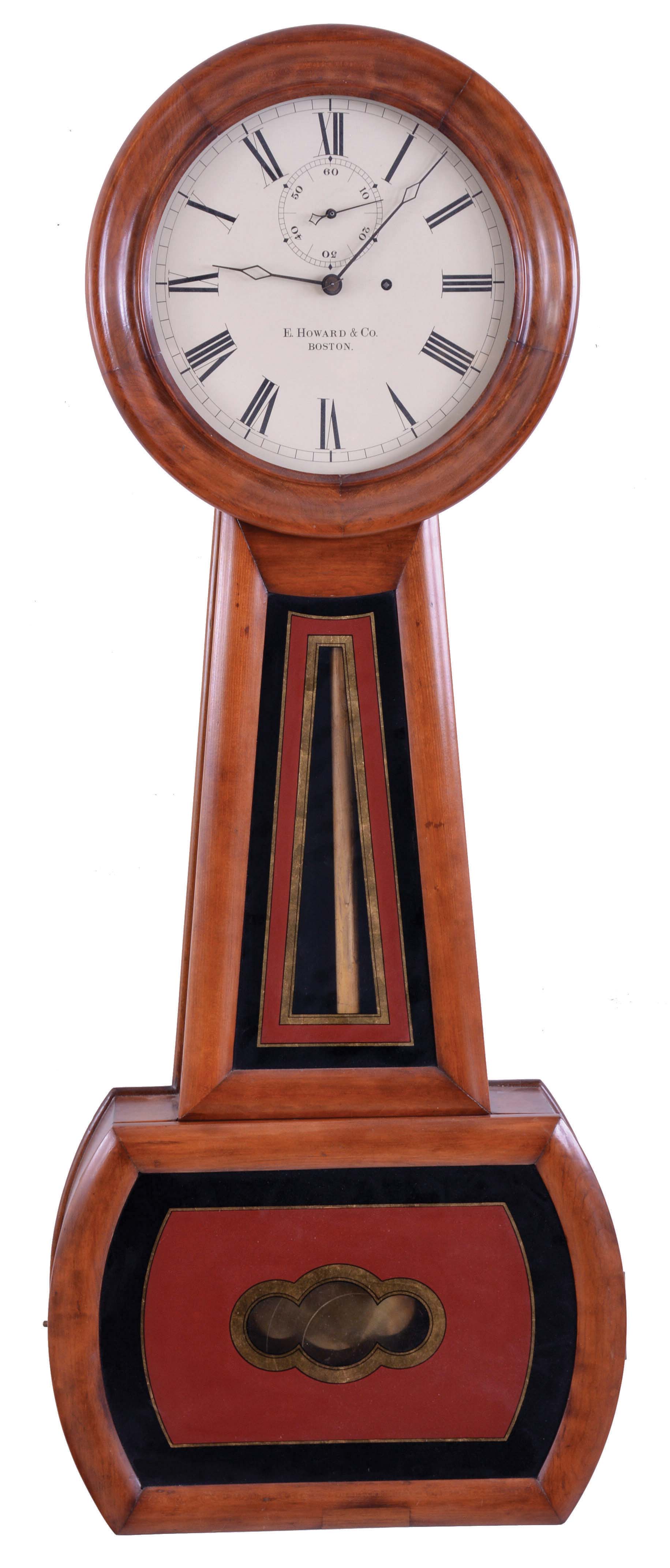 E. Howard &amp; Co., Boston, Mass., "Regulator No. 1" banjo wall clock, cherry case with turned bezel, the throat and box frames with reverse painted tablets, Roman numeral painted dial, blued steel hands, 8 day, time only, weight driven movement — Antique Clocks Price Guide