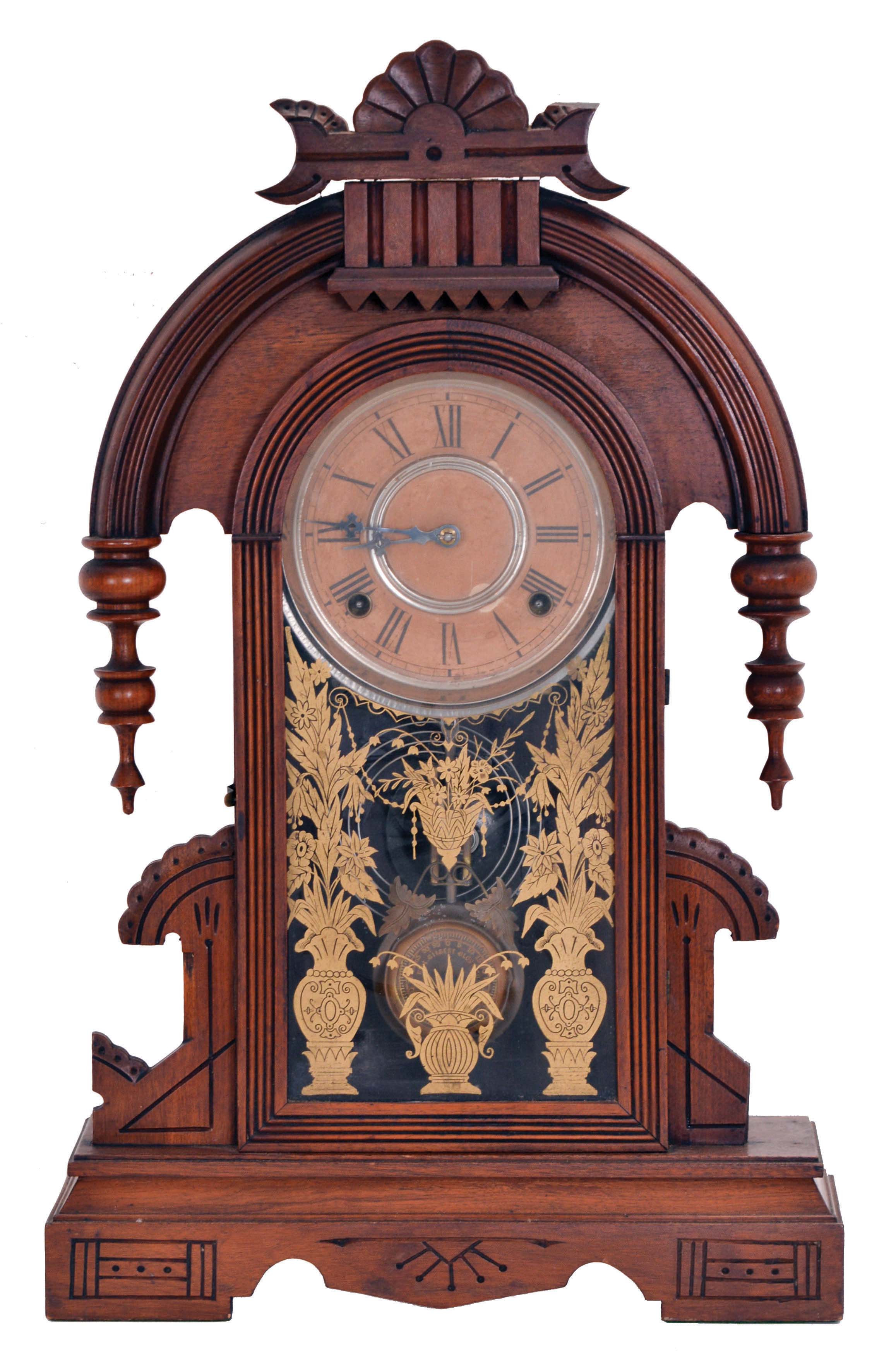William L. Gilbert Clock Co., Winsted, Conn., Gallia 8 day, time and strike spring driven movement shelf clock. — Antique Clocks Price Guide