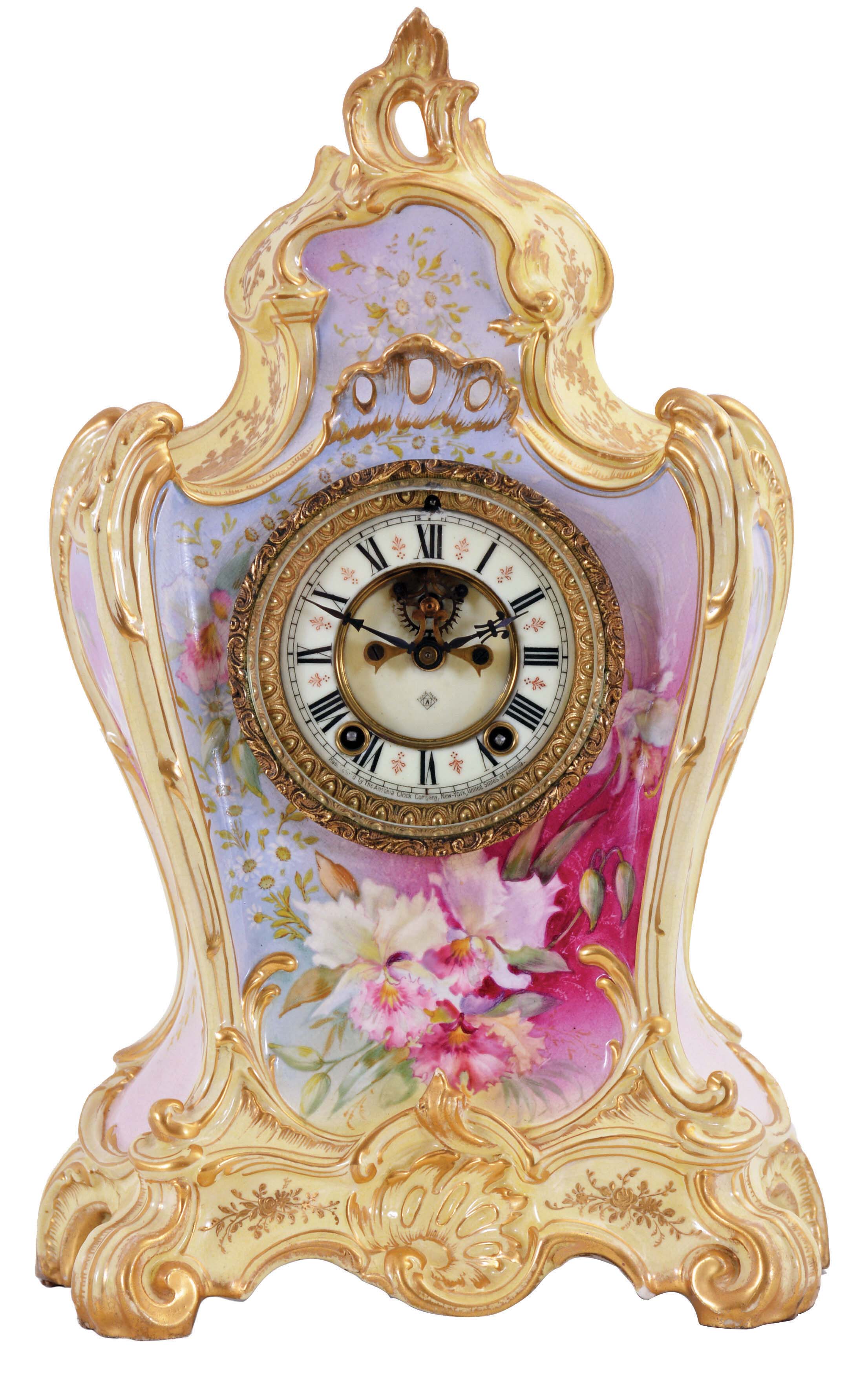 Ansonia Clock Co., New York, NY, "La Provence" shelf clock with a spring driven, 8 day time and half hour strike movement with visible escapement in a porcelain case. — Antique Clocks Price Guide