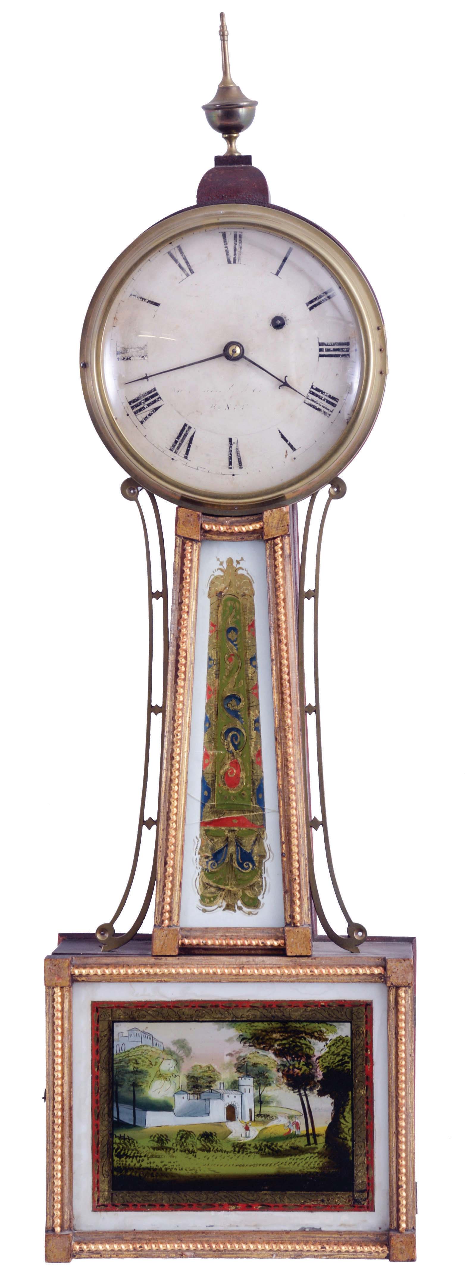William Cummens, Roxbury, Mass., Patent or banjo timepiece with 8 day, weight driven, brass movement. Although worn, the dial reads "Warrented by W. Cummens Roxbury". — Antique Clocks Price Guide