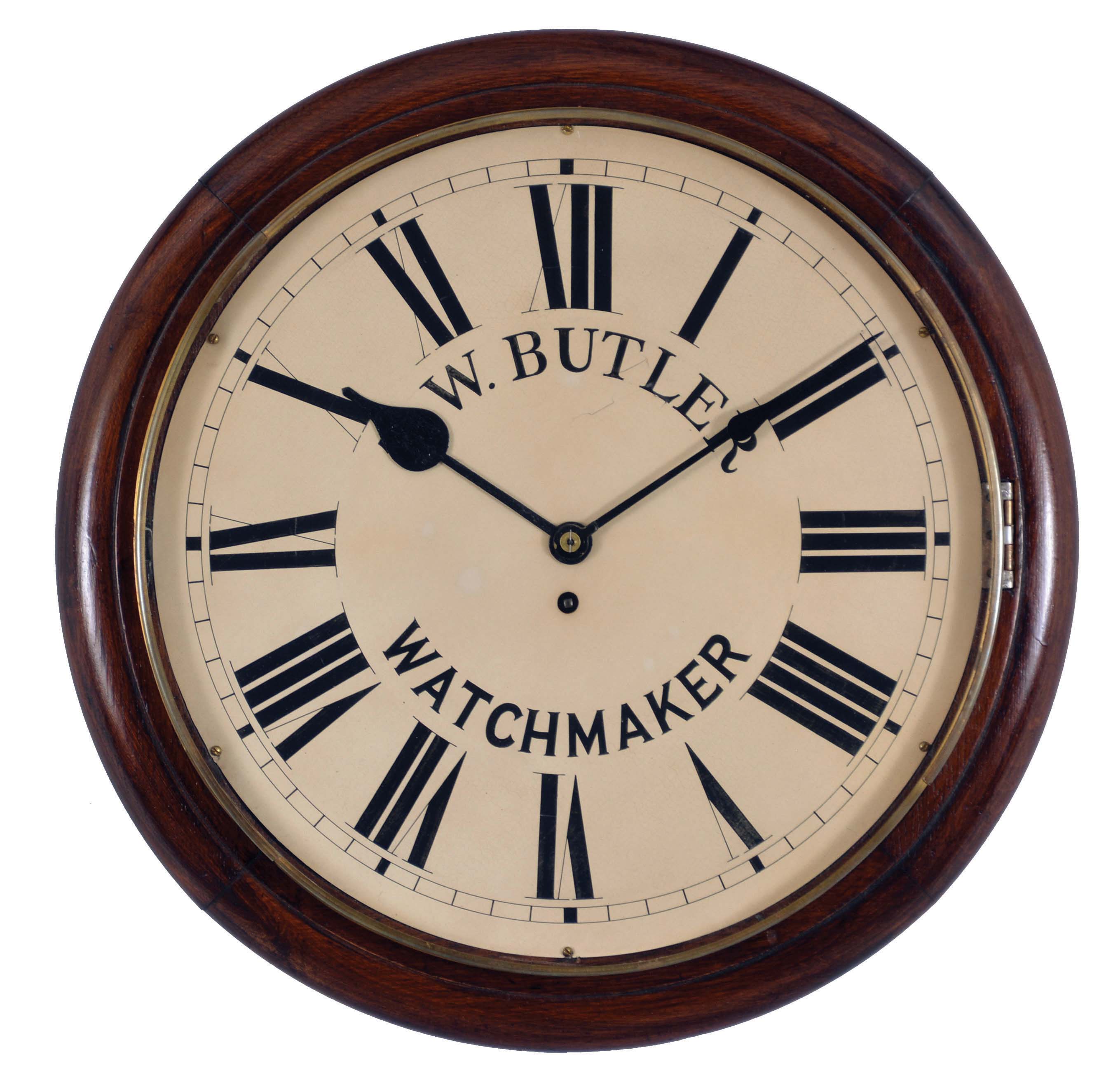 Clocks- 2 (Two): (1) English, 8 day, spring fusee brass movement postal or wall timepiece, c1890; (2) French, 8 day, time and strike spring driven movement inlayed wall clock, c1840 — Antique Clocks Price Guide