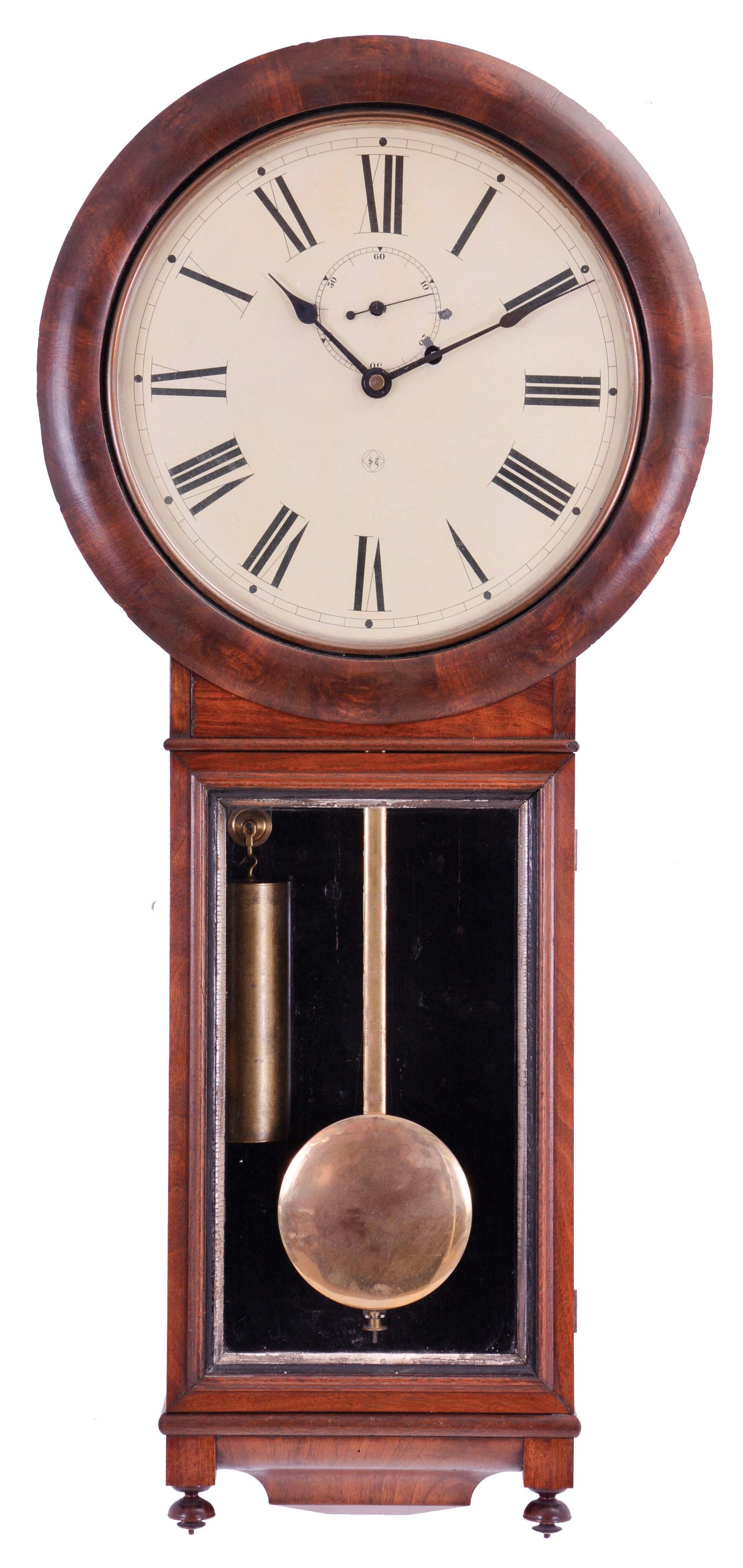 Seth Thomas Clock Co., Thomaston, Conn., "Regulator No. 1" hanging clock with a weight driven 8 day time only movement (round S. B. Terry style with maintaining power) in a walnut case. — Antique Clocks Price Guide
