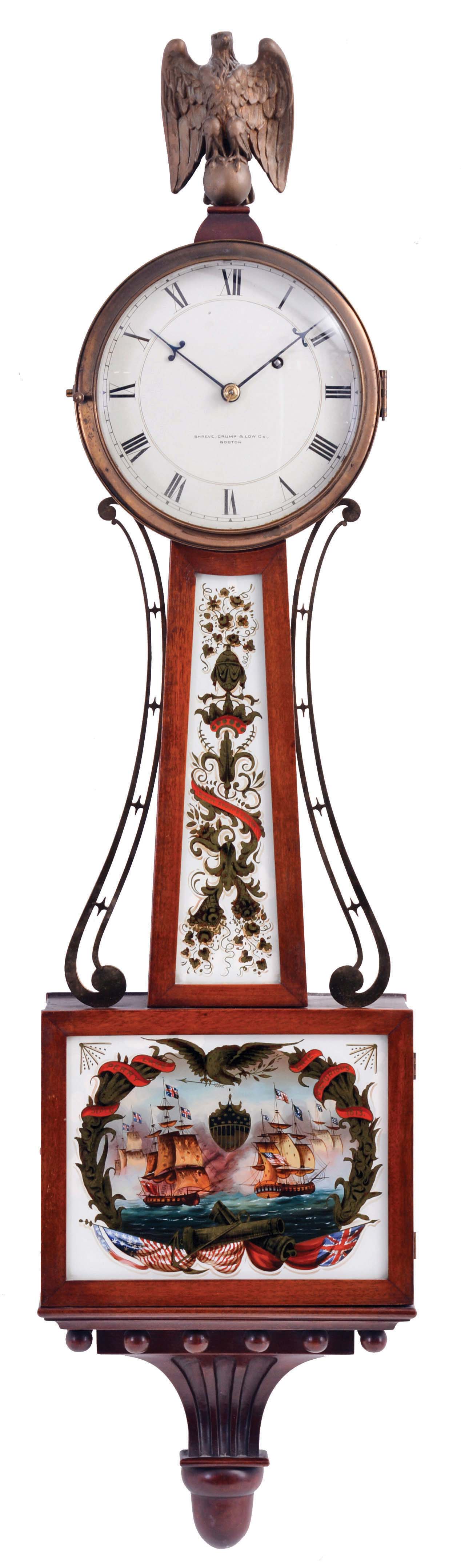 Walter H. Durfee, Providence, Rhode Island, Patent or banjo timepiece retailed by Shreve, Crump &amp; Low Co., Boston, with 8 day, weight driven brass movement — Antique Clocks Price Guide