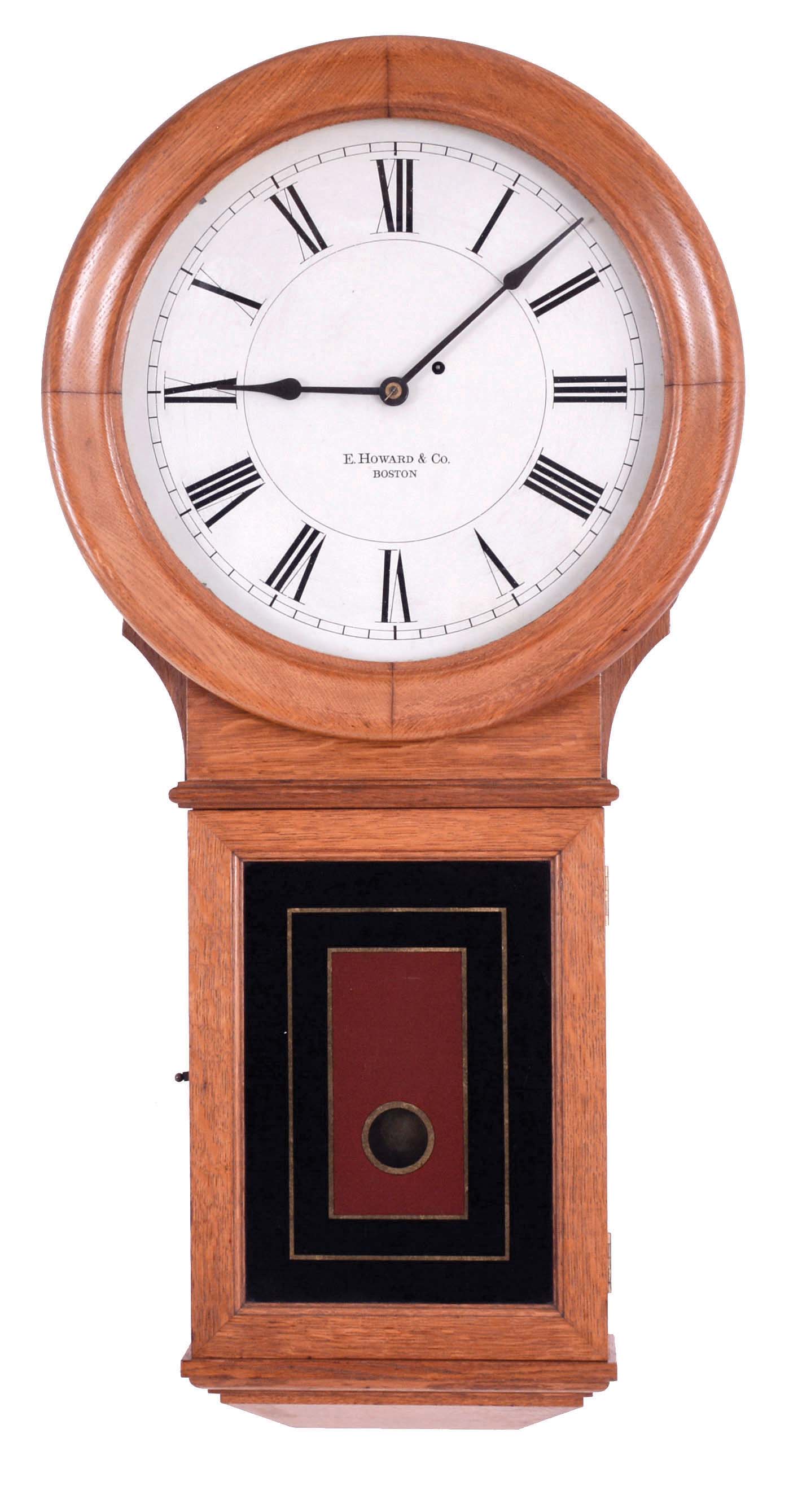 E. Howard &amp; Co., Boston, Mass., "Regulator No. 70-16", wall clock, oak case with turned wooden bezel and reverse painted tablet, Roman numeral painted dial, blued steel hands, and 8 day, time only, weight driven movement — Antique Clocks Price Guide