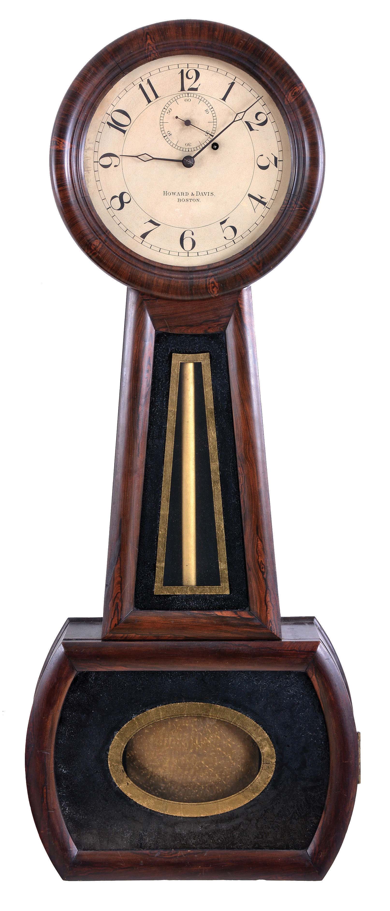 Howard &amp; Davis, Boston, Mass., "Regulator No. 1" banjo wall clock, rosewood grain painted cherry case with Roman numeral, painted metal dial with diamond hands, reverse painted tablets, 8 day, time only, weight driven movement and damascened pendulum bob — Antique Clocks Price Guide