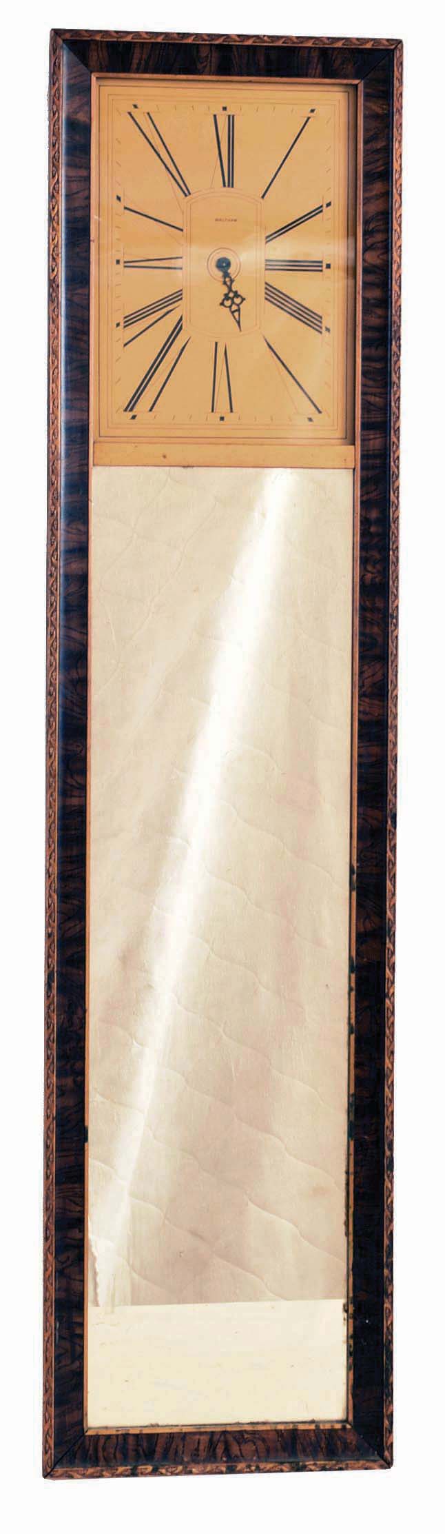 Clocks- 3 (Three) 8 day time only wall clocks: (1) Waltham mirror clock with 37- size twin spring car clock movement, c1925; (2) E. &amp; A, Ingraham, Bristol, CT gilt wood gallery clock, c1852; (3) Waterbury "8 Inch Octagon" wall clock with balance wheel escapement, c1875 — Antique Clocks Price Guide