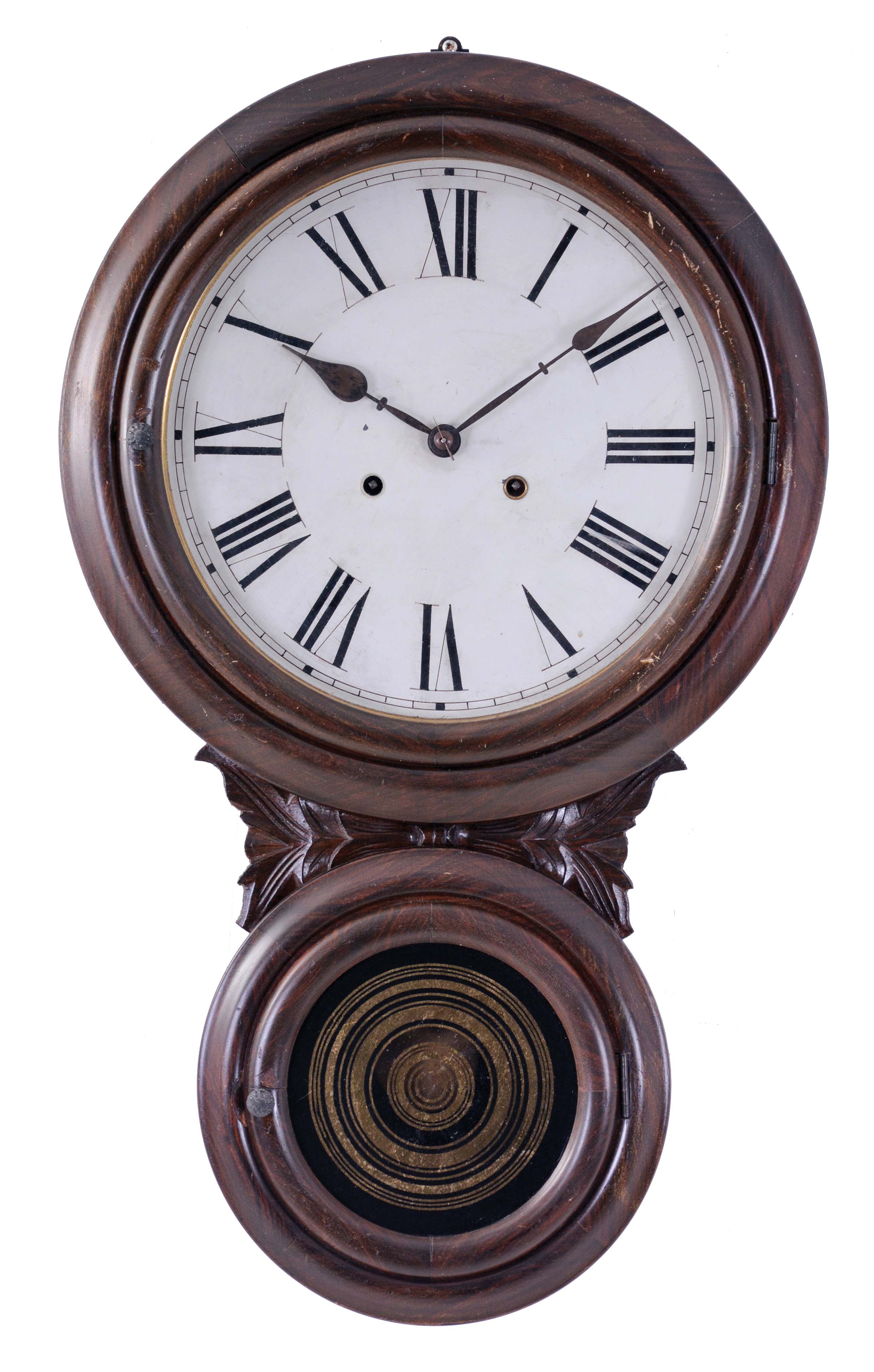 E. N. Welch Mfg. Co., Forestville, Conn., "Alexis No. 1" wall hanging clock with a spring driven 30 day time only movement in a rosewood veneered case with faux grained bezels. — Antique Clocks Price Guide