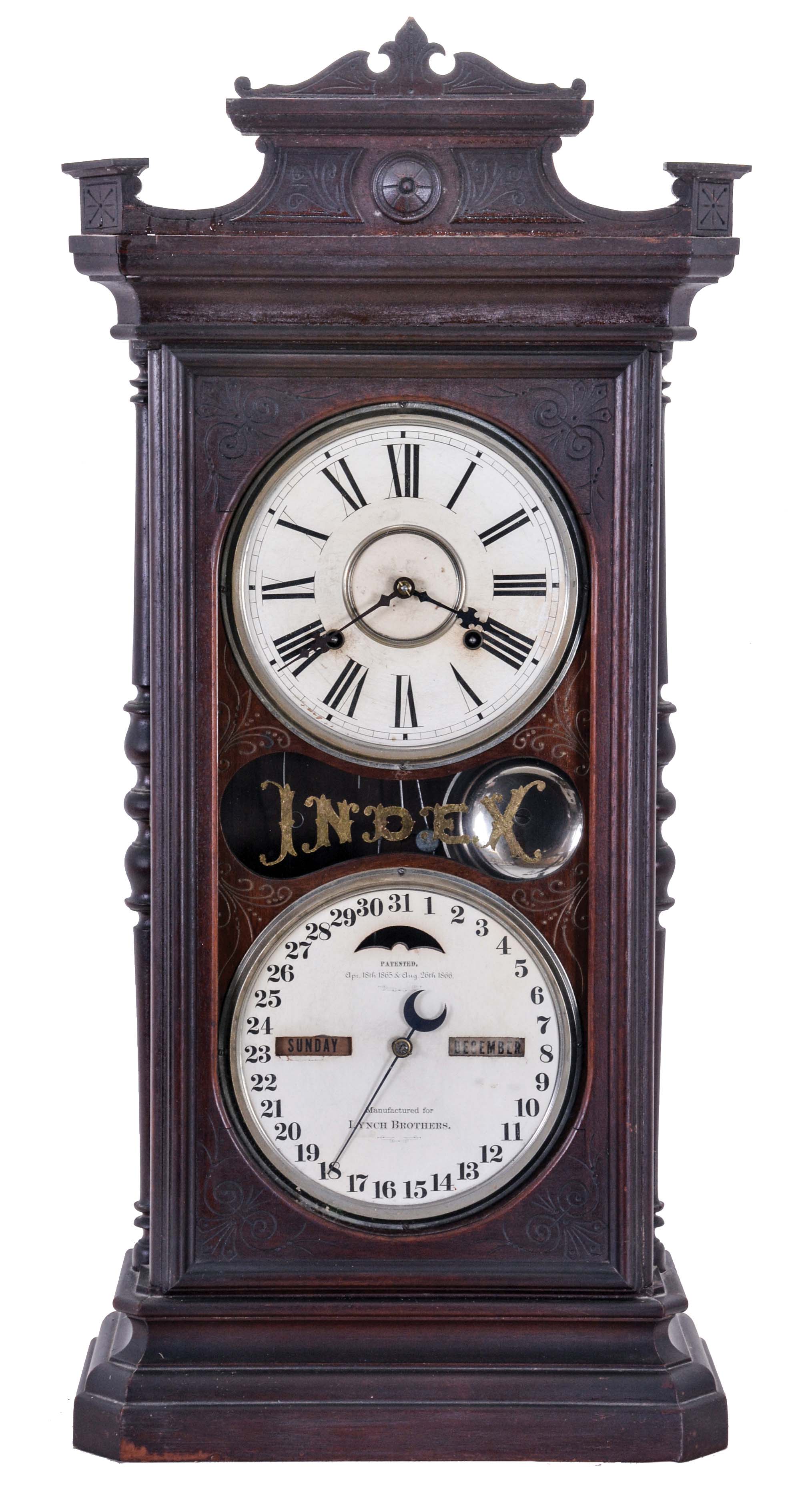 Ithaca Calendar Clock Co., Ithaca, NY, "Index" shelf clock with a spring driven, 8 day, time and strike movement (E. N. Welch, Forestville, Conn.) with a Hortons perpetual calendar mechanism in a walnut case. — Antique Clocks Price Guide