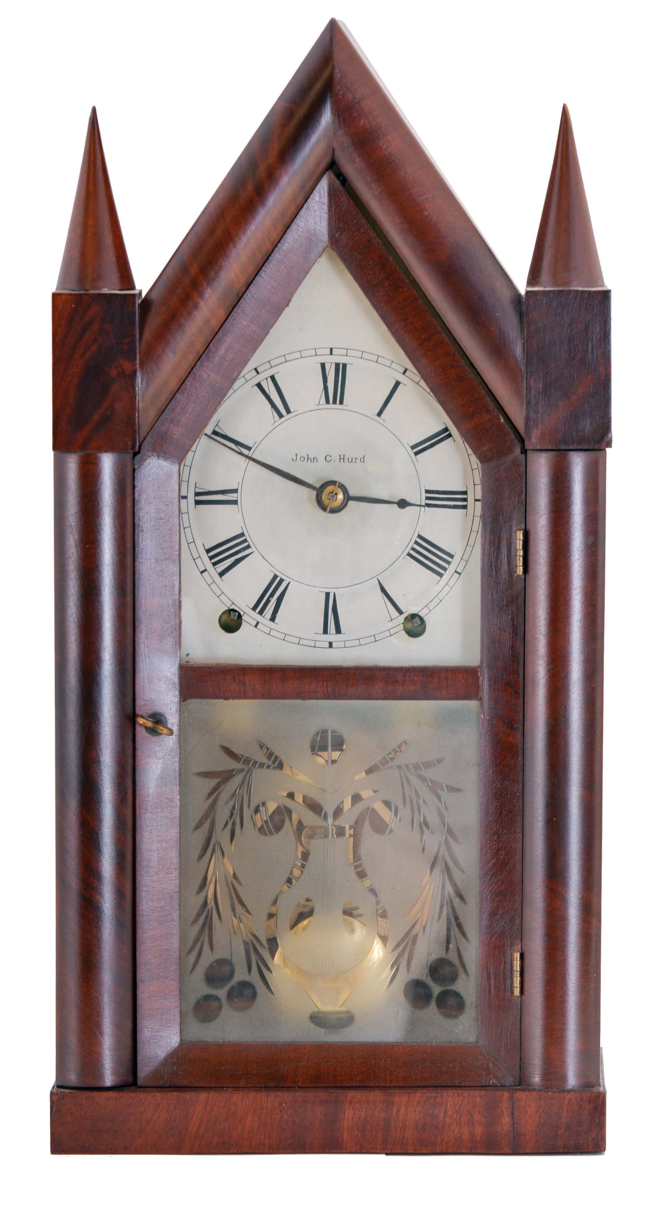 Brewster and Ingrahams, Bristol, Conn., 8 day, time and strike spring driven, Charles Kirk's Patent movement sharp gothic or steeple clock. — Antique Clocks Price Guide