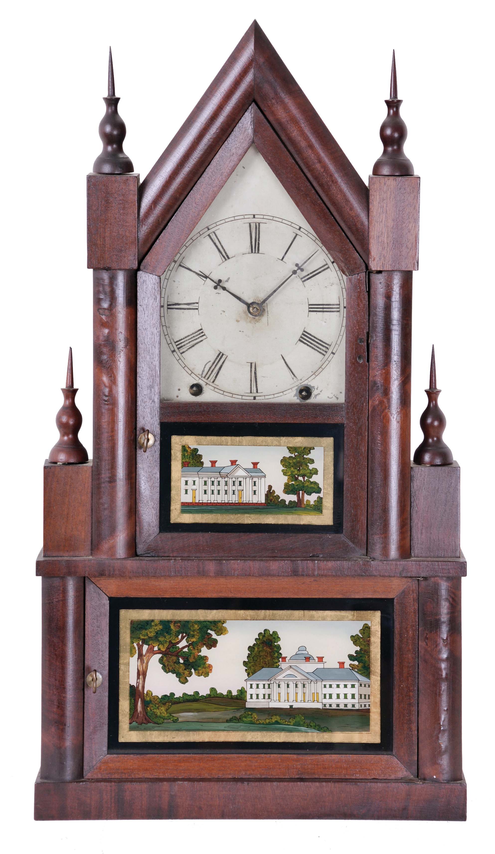 William S. Johnson, 49 Cortlandt St., New York Double Steeple clock with an unmarked (probably C. Jerome) spring driven, 8 day, time and strike movement in a mahogany veneered case. — Antique Clocks Price Guide