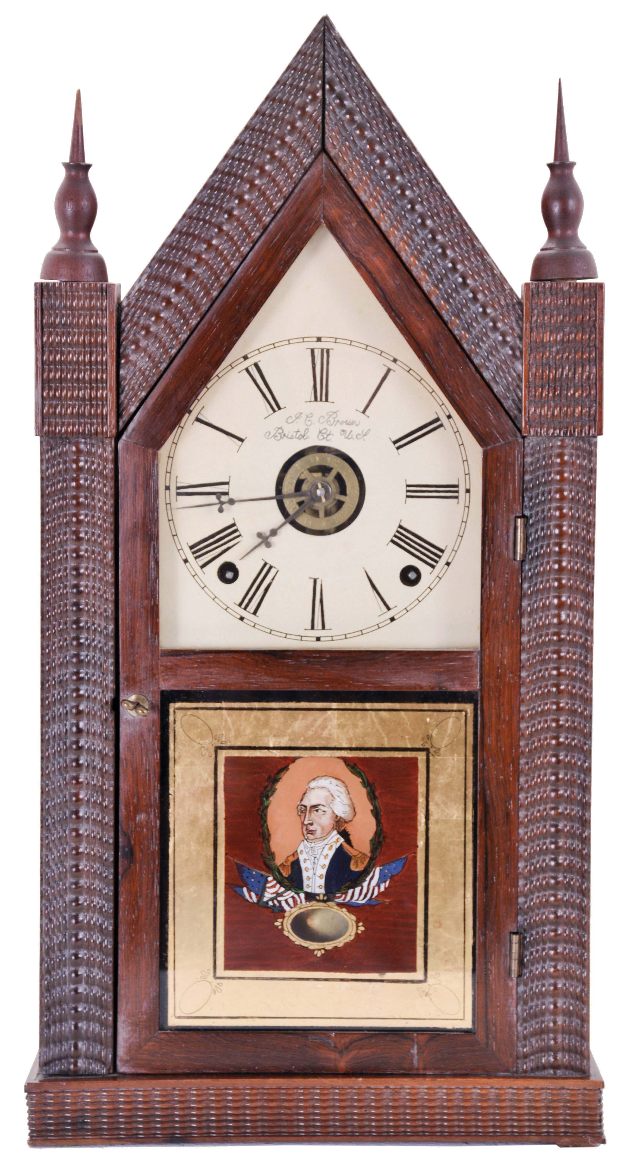 Forestville Mfg. Co., (J.C. Brown), ripple molding sharp gothic or steeple clock with 8 day, time, strike and alarm spring driven movement . — Antique Clocks Price Guide