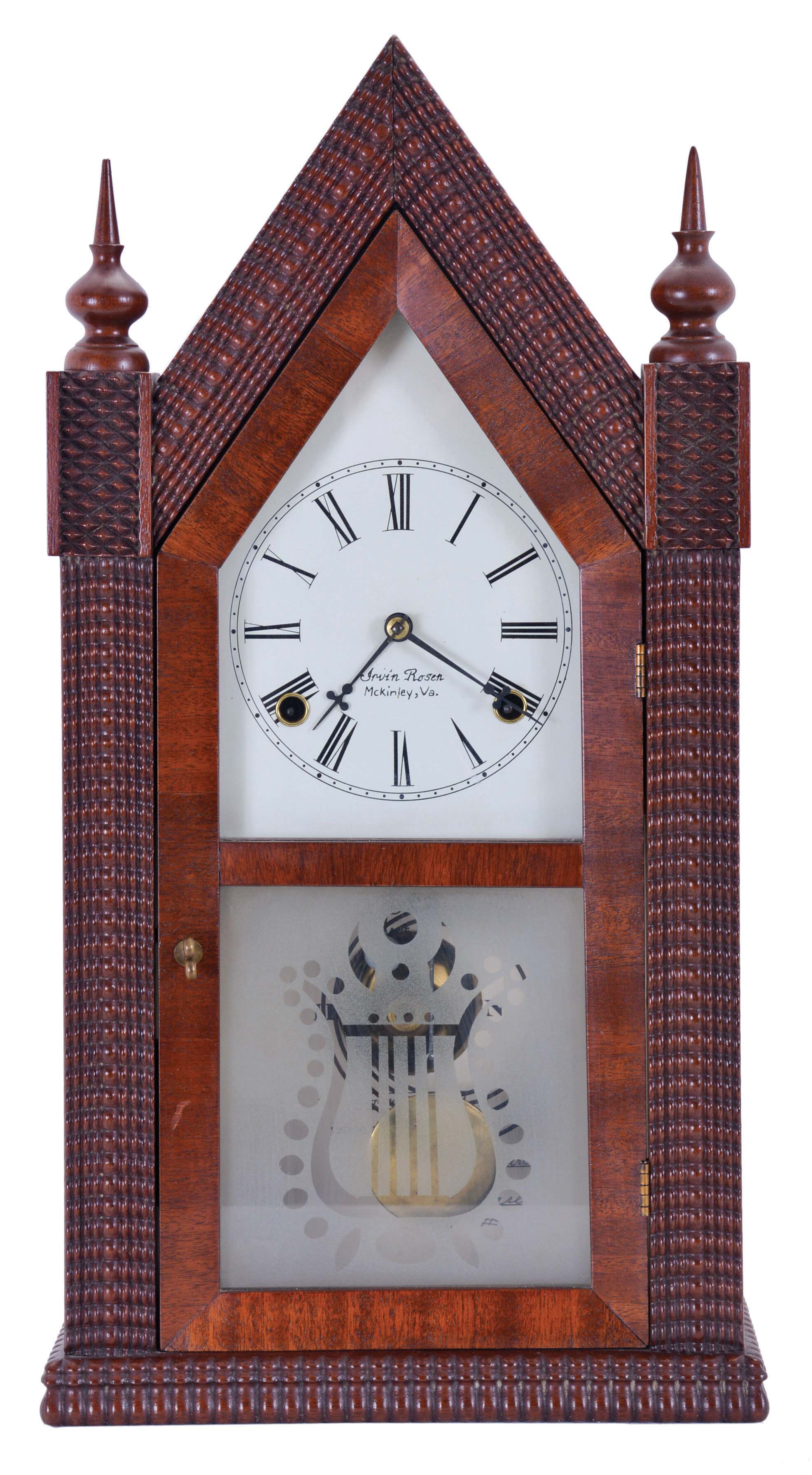Irvin Thomas Rosen (1915-2010) of McKinley and Middlebrook, Virginia, 8 day, time and strike spring driven movement ripple molding shelf clock. This one is marked No. 11. Mr. Rosen, was the individual who designed a machine to reproduce ripple molding as used by J. C. Brown and others on clocks c. 1850. This process had been lost over the years. — Antique Clocks Price Guide