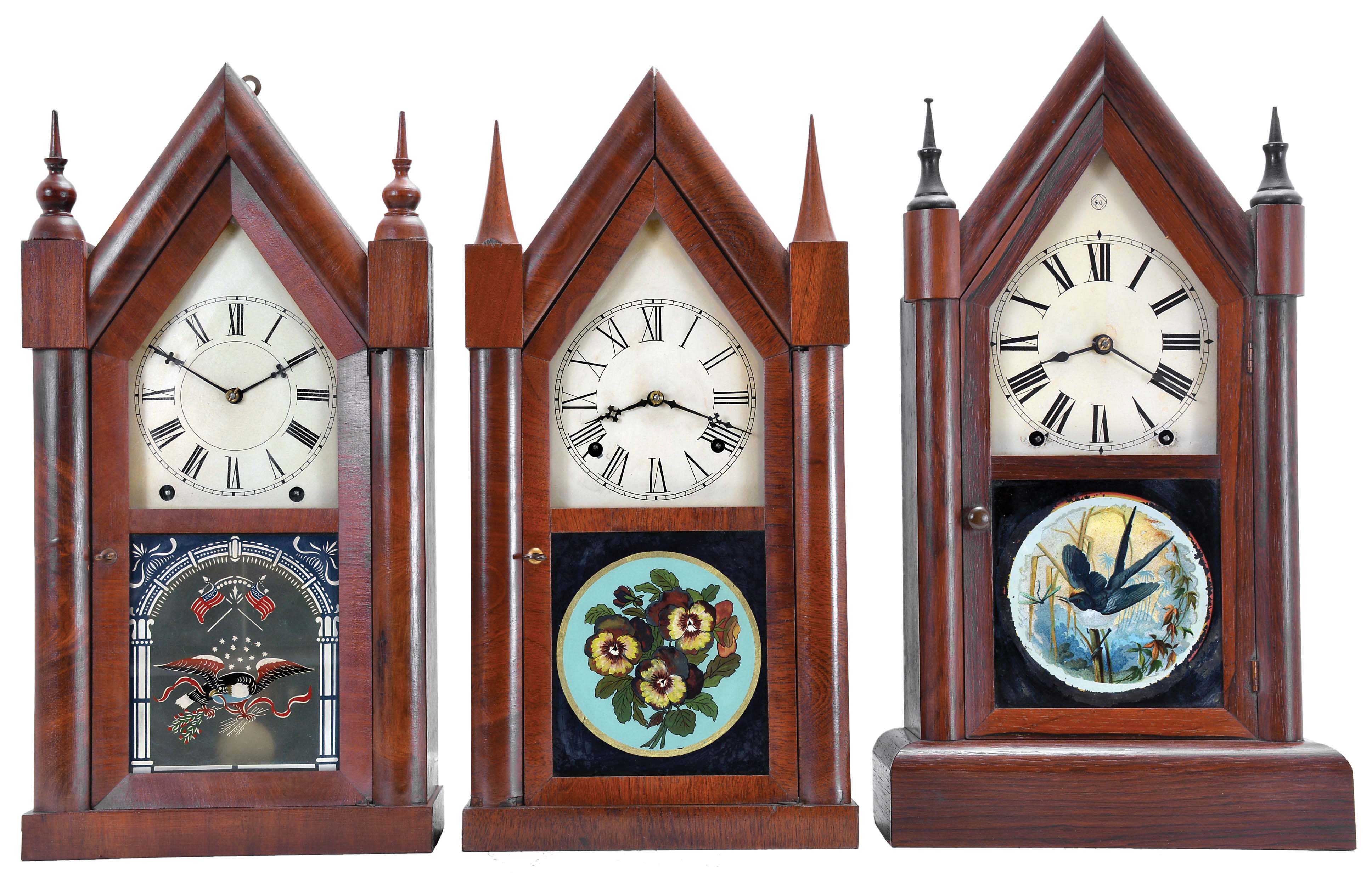 Clocks- 3 (Three): (1) Jerome &amp; Co., New Haven, Conn., 8 day, time and strike spring driven movement Sharp Gothic or steeple clock, c1850; (2) Chauncey Goodrich, Bristol, Conn., 8 day, time and strike spring driven movement Sharp Gothic or steeple clock, c1850; (3) Seth Thomas Clock Co., Thomaston, Conn., 8 day, time and strike spring driven movement Sharp Gothic or steeple clock, c1870 — Antique Clocks Price Guide