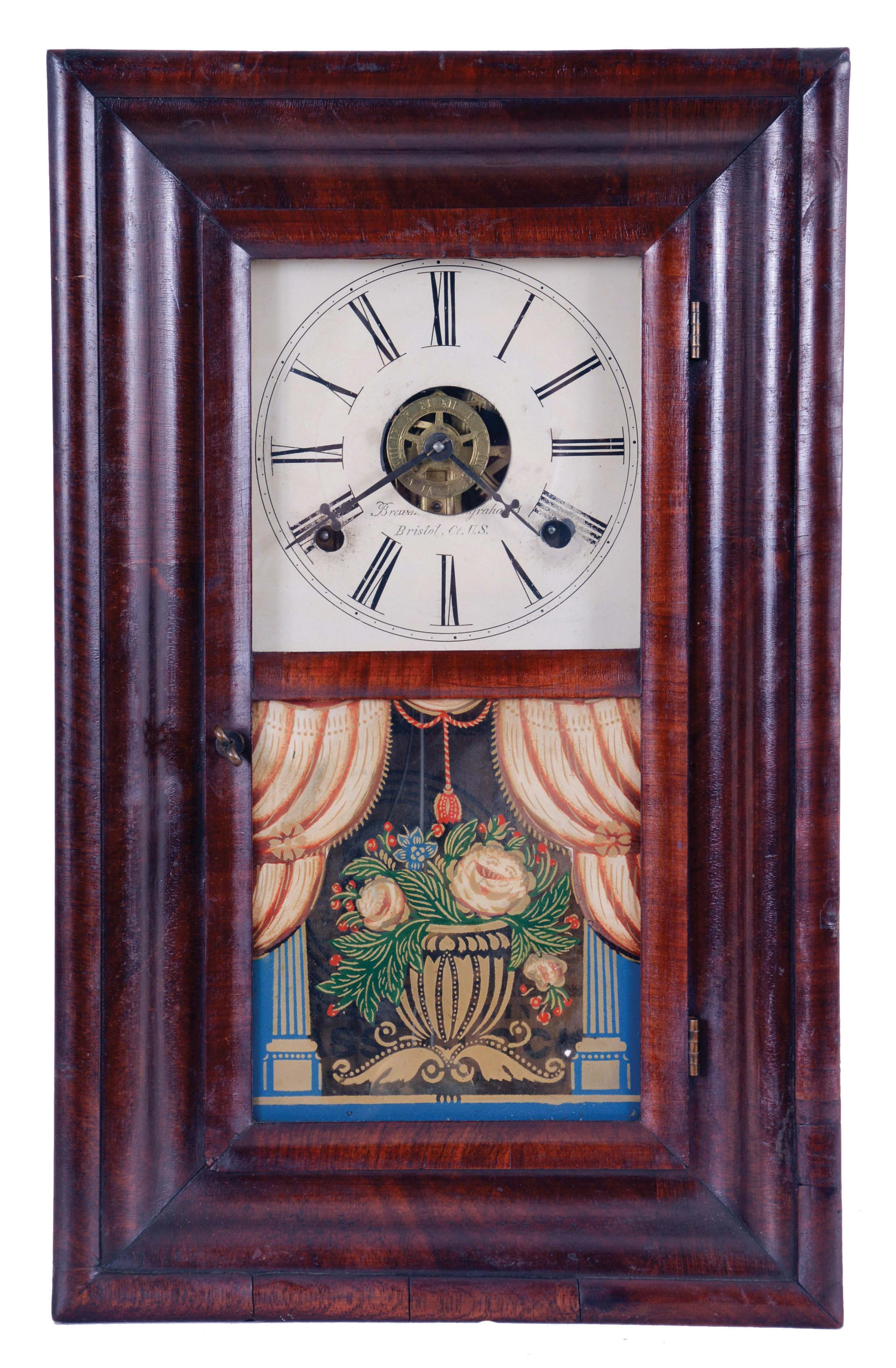 Clocks- 3 (Three): (1) New Haven Clock Co., New Haven, Conn., "Derby", 8 day, time, strike and alarm shelf clock, c1880; (2) Brewster &amp; Ingrahams, Bristol, Conn., 30 hour, time, strike and alarm movement small OOG shelf clock with brass springs, c1850; (3) Bradley Manf'g Co., Southington, Conn., 8 day, time and strike cottage clock — Antique Clocks Price Guide