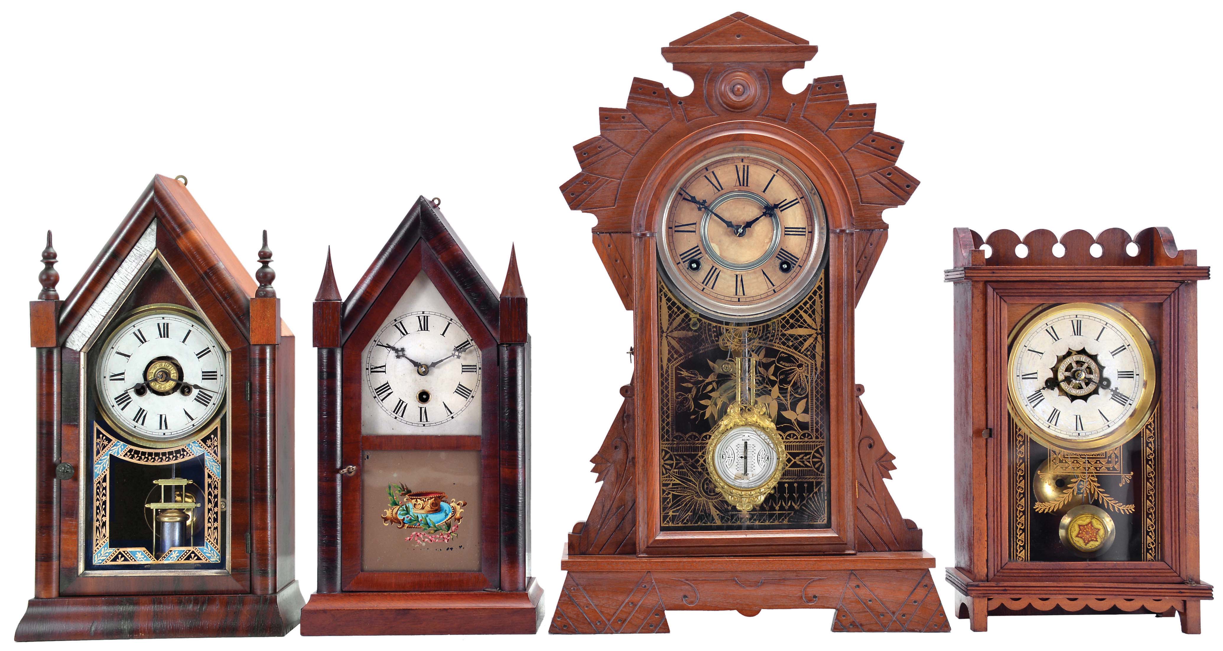 Clocks- 4 (Four): (1) Jerome &amp; Co., New Haven, Conn., "Small Gothic" shelf clock with a spring driven 30 hour time and alarm movement in a rosewood veneered case, c1855. ; (2) E. N. Welch Mfg. Co., Forestville, Conn., "Sharp Gothic" shelf clock with a spring driven 30 hour timepiece movement in a rosewood and mahogany veneered case, c1870; (3) F. Kroeber, New York, "Patrol" shelf clock with a spring driven, 8 day, time and strike movement in a walnut case, c1888; (4) Waterbury Clock Co., Waterbury, Conn., "Racer" shelf clock with a spring driven 30 hour time and alarm movement in an imitation walnut case, c1891. — Antique Clocks Price Guide