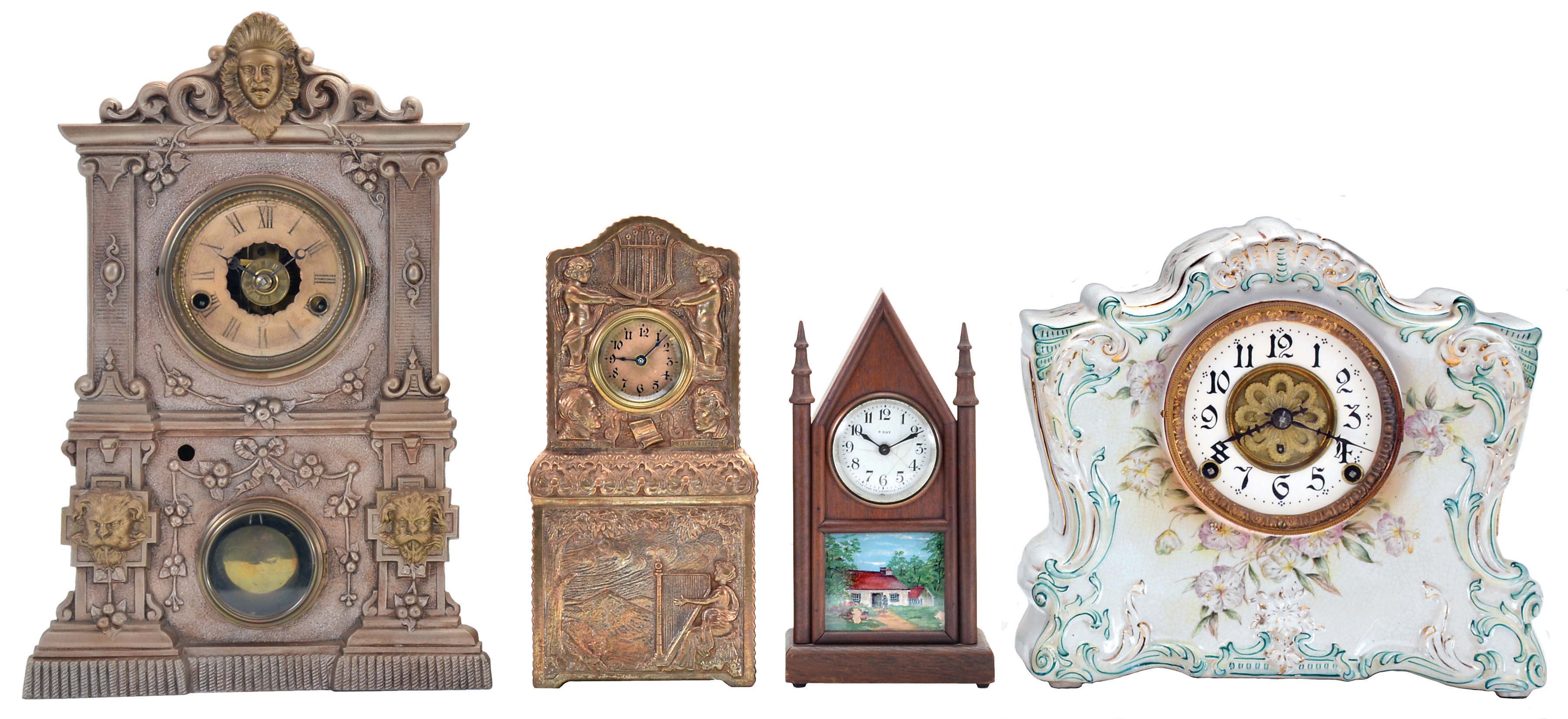 Clocks- 4 (Four): (1) Unidentified maker novelty cast metal case clock with 30 hour backwind timepiece movement, c1900; (2) Miniature steeple clock by Fynetone Co., Lansdale, PA; (3) American Clock Co.,, 3 Cortlandt St., NY, "Lion Head" model shelf clock with a spring driven 30 hour time, strike and alarm movement in a spelter case (no. 30) by Nicholas Muller, c1870; (4) F. Kroeber, New York, "China No. 20" shelf clock with a spring driven, 8 day, time and strike movement in a china case, c1898. — Antique Clocks Price Guide