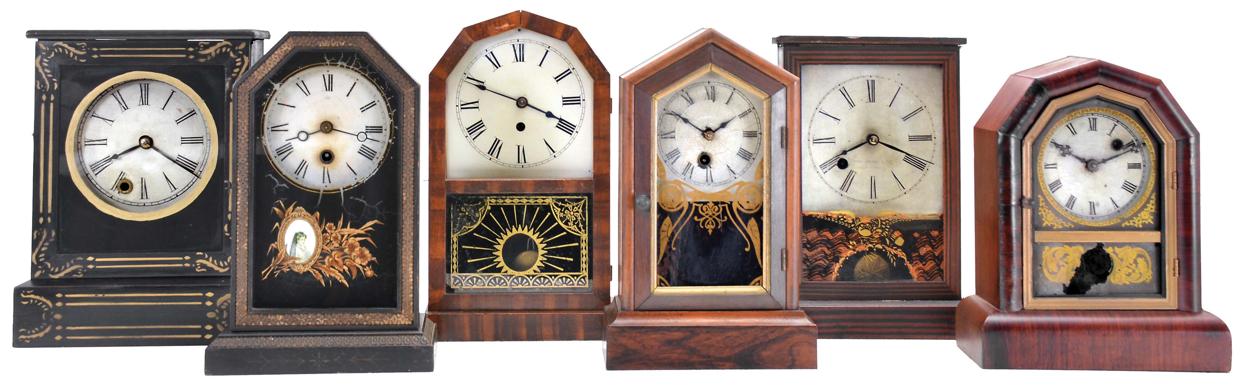 Clocks- 6 (Six): (1) Chauncey Jerome, New Haven, 30 hour, spring driven movement cottage timepiece, c1850; (2) Germany, Junghans, 30 hour, spring driven movement cottage timepiece, c1870; (3) Jerome &amp; Co., New Haven, "Rocket", 30 hour, spring driven movement octagon top timepiece, c1870; (4) Ansonia Clock Co., New York, NY, 30 hour, spring driven movement cottage timepiece, c1880; (5) Henry Sperry &amp; Co., New York, New York, 30 hour, spring driven movement cottage timepiece, c1860; (6) William L. Gilbert Clock Co., Winsted, Conn., 30 hour spring driven movement octagon top cottage timepiece, c1880 — Antique Clocks Price Guide