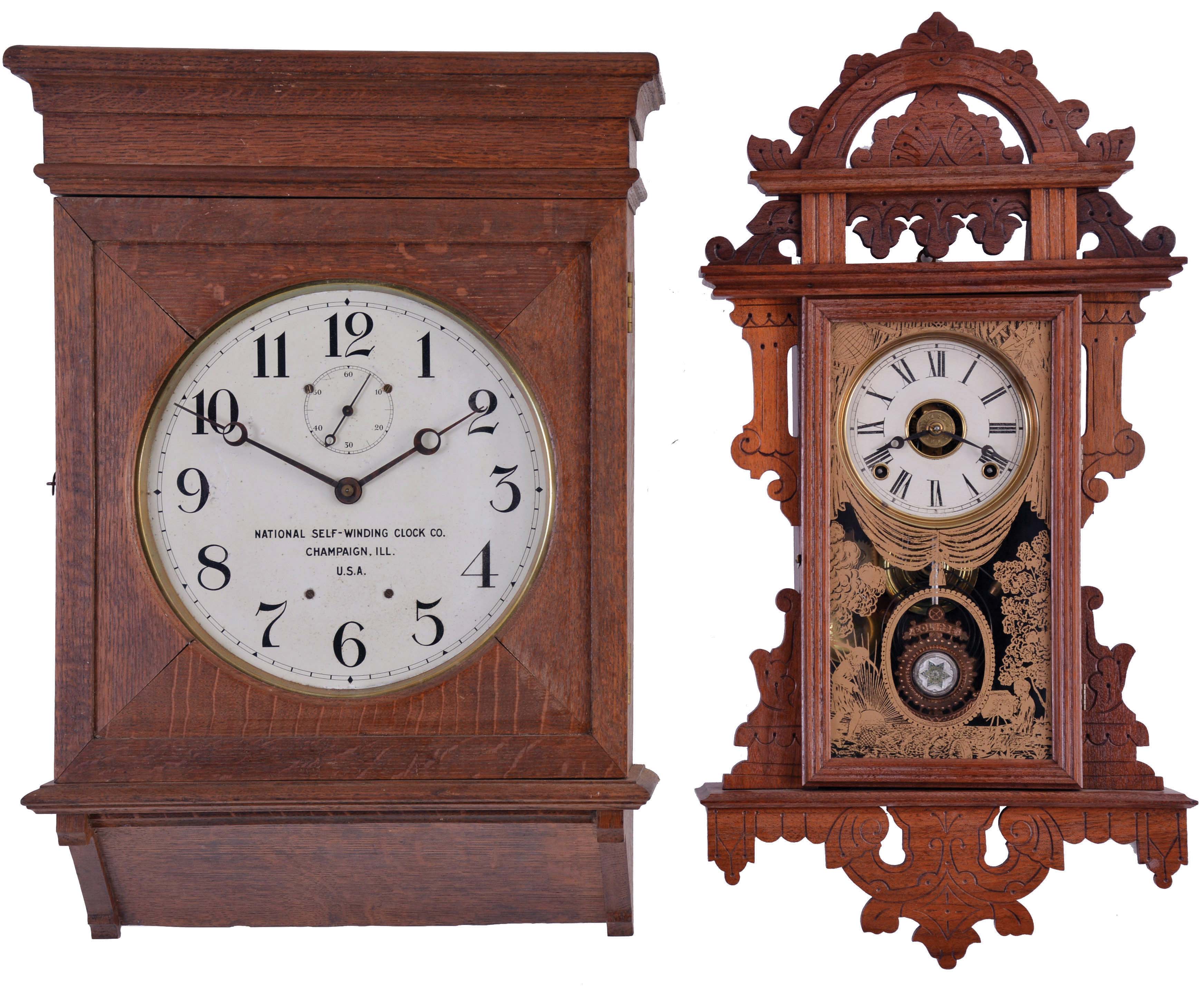 Clocks- 4 (Four): (1) Seth Thomas Clock Co., Thomaston, Conn., "Regulator No. 2" Reproduction wall hanging clock with a weight driven timepiece movement in an oak case, c1978; (2) New Haven Clock Co., New Haven, Conn., "12 Inch Drop Octagon Calendar" hanging clock with a spring driven, 8 day, time and strike movement with a simple calendar mechanism in a recently grain painted (over mahogany) case, c1900; (3) E. N. Welch Manufacturing Co., Bristol, Conn., "Donita" hanging clock with a spring driven, 8 day time and half-hour strike movement in a walnut case and manufactured for the Metropolitan Manufacturing Co., New York, c1885; (4) National Self-Winding Clock Co., Champaign, Ill., unidentified wall model battery clock in an oak case, c1905. — Antique Clocks Price Guide