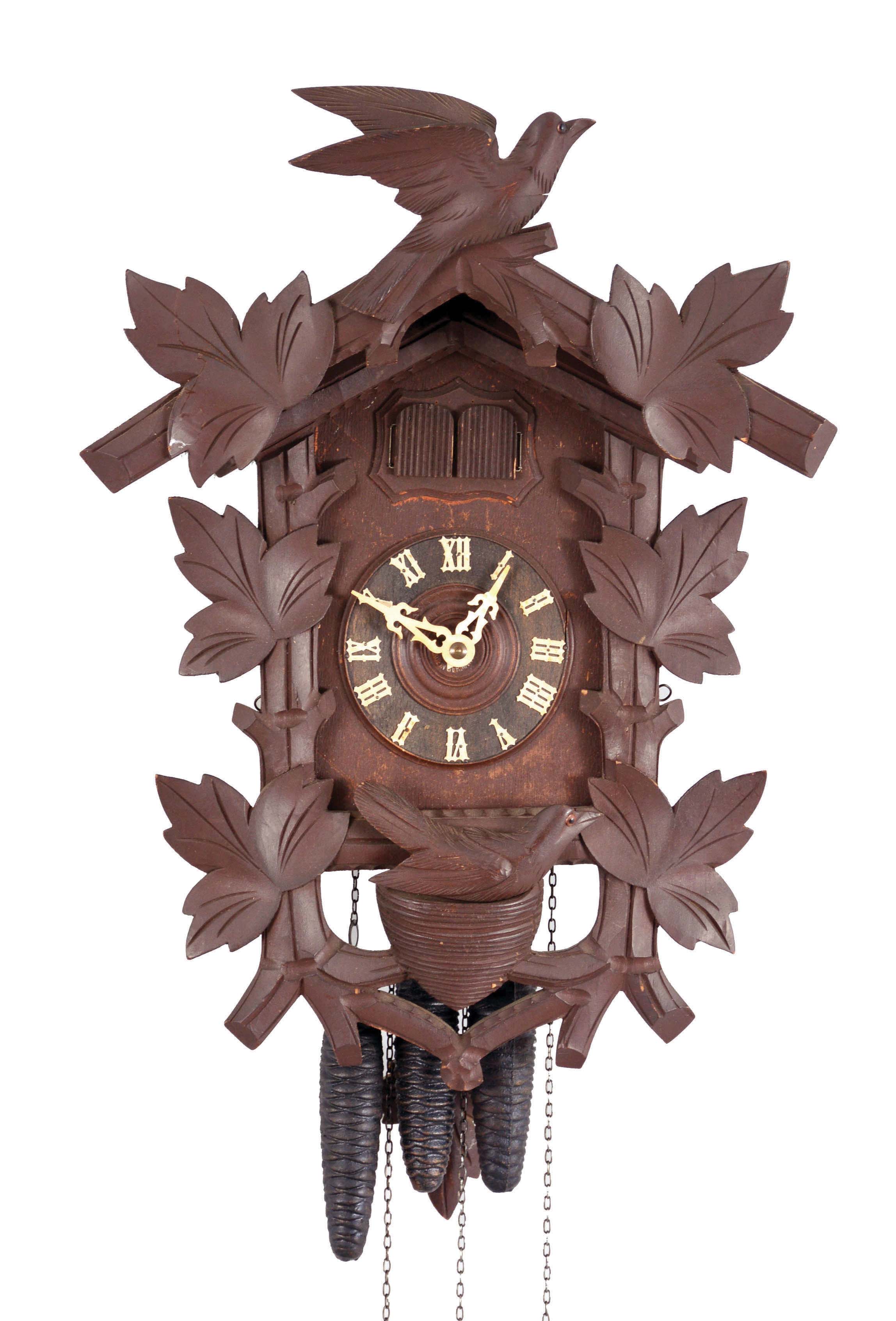 Clocks- 3 (Three) Wall Clocks: (1) Seth Thomas Clock Co., Thomaston, Conn., "Delaware", time only miniature banjo clock with lever movement in a mahogany case with glasses featuring George Washington and Mt. Vernon, c1954; (2) The Horolovar Co., New York, " Dickory, Dickory, Dock" novelty clock, 8 day, time only German balance wheel movement, c1970; (3) Hubert Herr, Triberg, Germany, for Welby Corporation, cuckoo &amp; quail wall clock, 30 hour weight-driven in a carved wood case, c1965. — Antique Clocks Price Guide