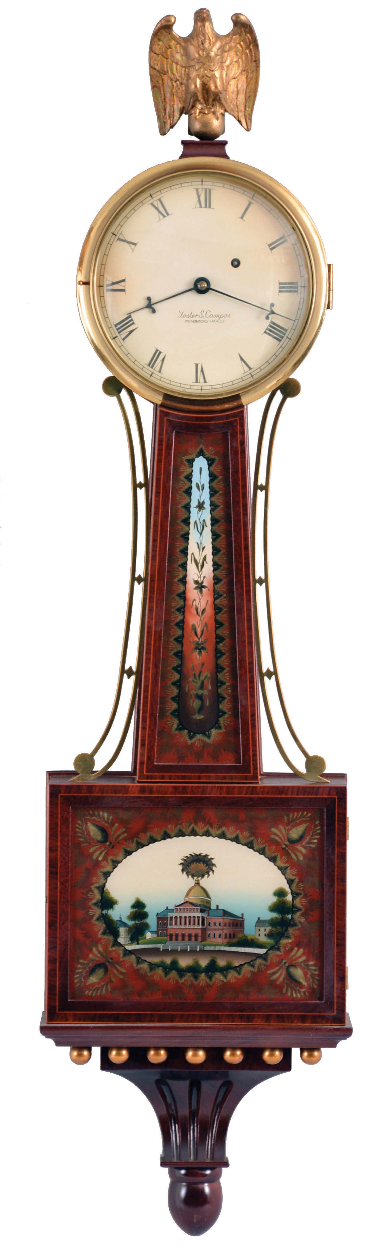 Foster Campos, Pembroke, Mass., 8 day, weight driven, brass movement Patent or banjo timepiece. Case is stamped "17". — Antique Clocks Price Guide
