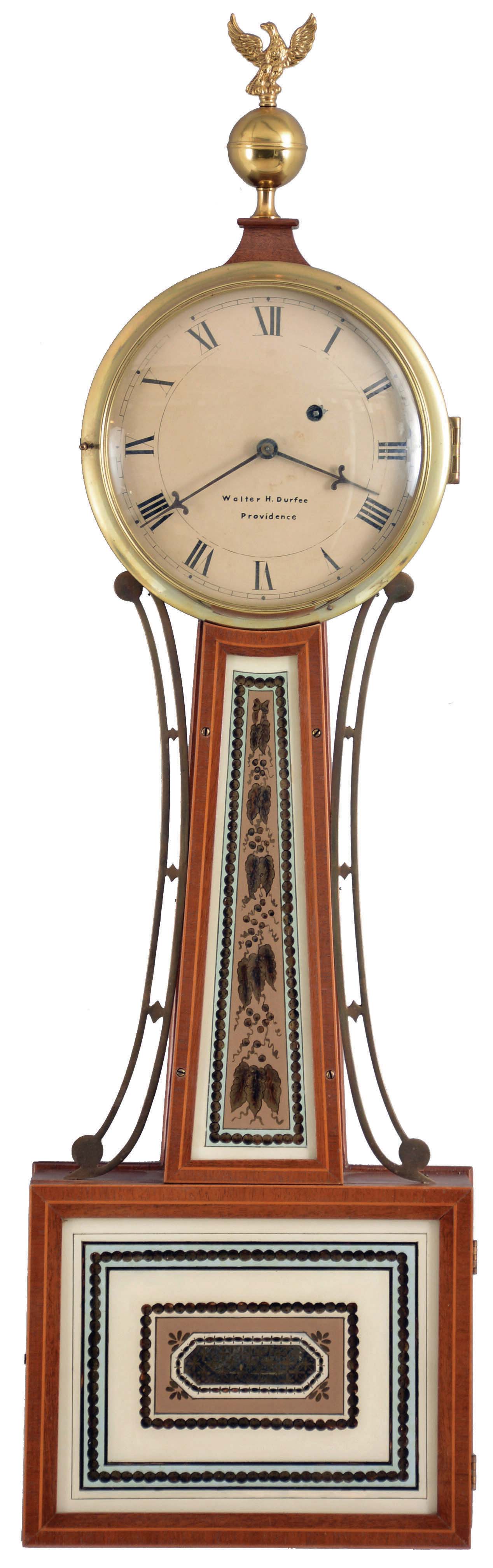 Walter H. Durfee, Providence, Rhode Island, cross banded veneer Patent or banjo timepiece, with 8 day, time only, weight driven, brass movement . — Antique Clocks Price Guide