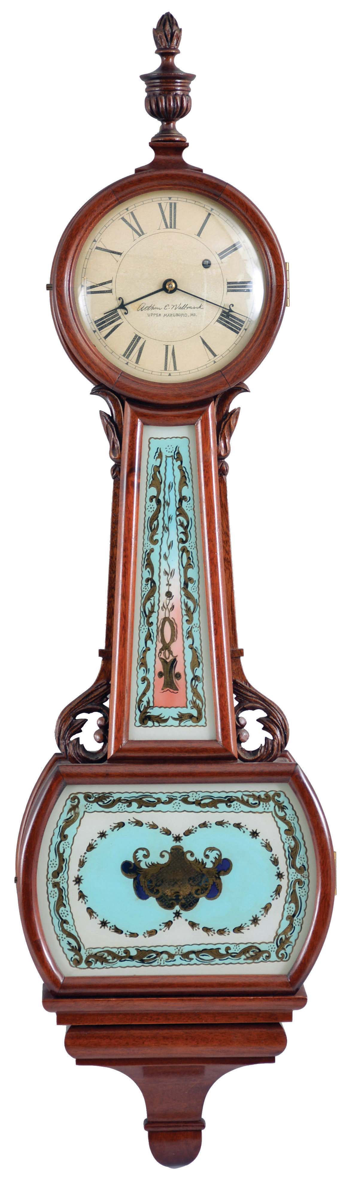 Arthur E. Wallmark, Upper Marlboro Maryland, 8 day, weight driven, brass movement Patent or banjo timepiece. — Antique Clocks Price Guide