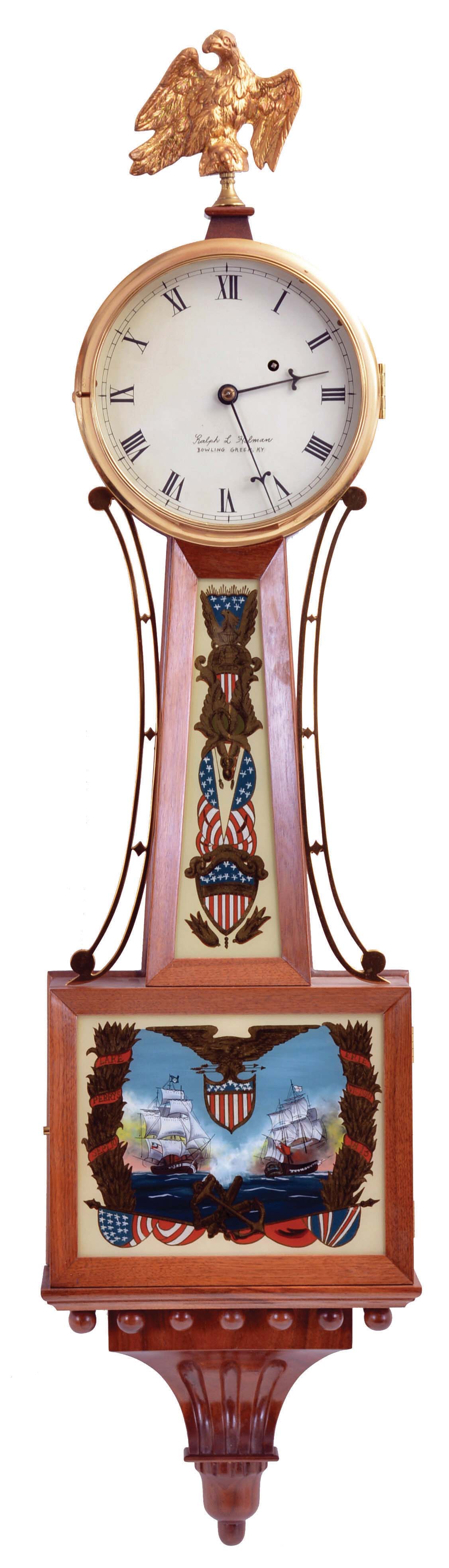 Ralph L. Holman, Bowling Green, Kentucky, 8 day, weight driven, brass movement Patent or banjo timepiece. Mr. Holman was a friend of the late Wayne Cline who made many reproduction clocks. — Antique Clocks Price Guide