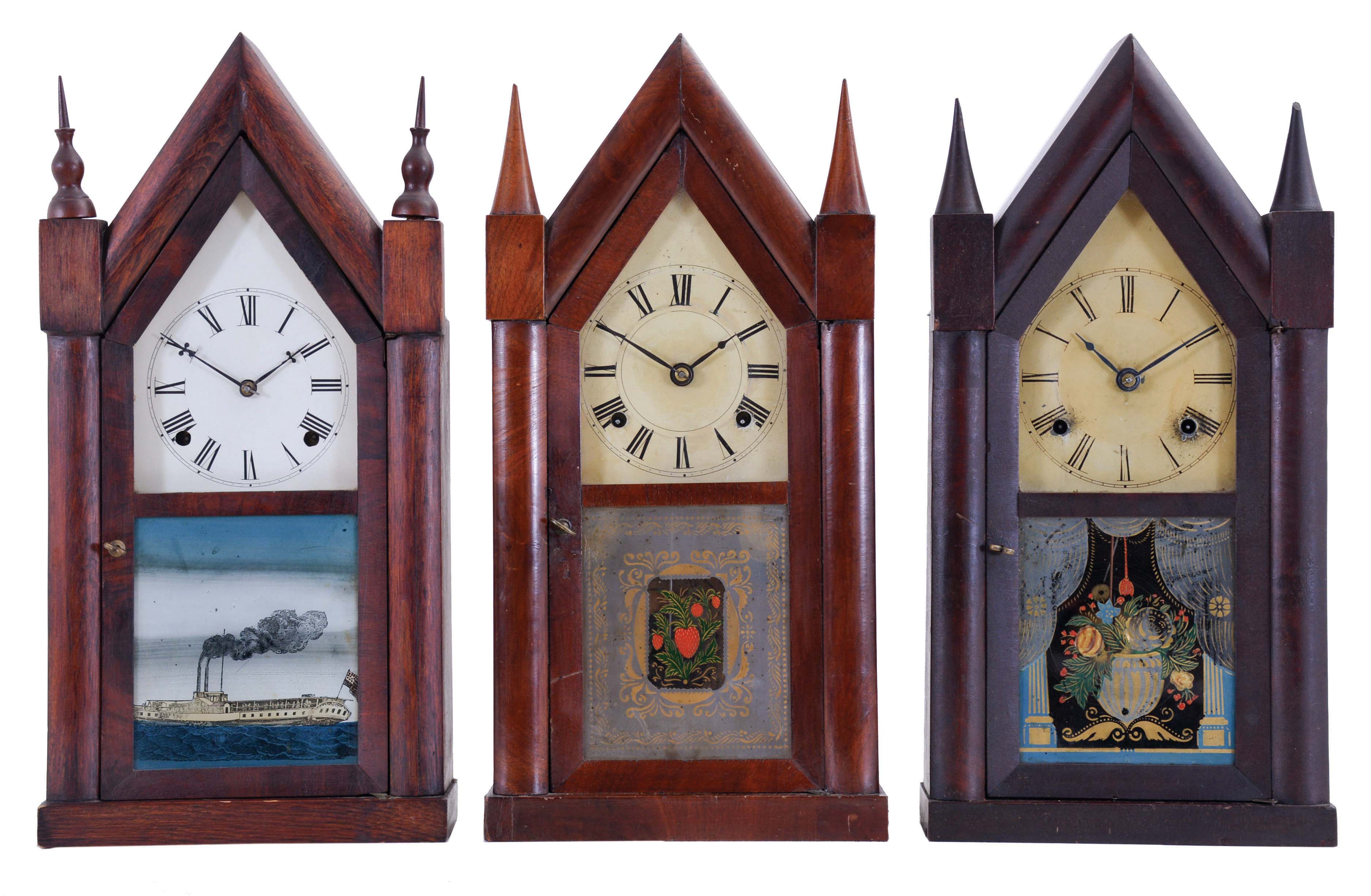 Clocks- 3 (Three): (1) Pomeroy &amp; Parker, Bristol, Conn., 8 day, time and strike spring driven movement Sharp Gothic or steeple shelf clock, c1850; (2) C. Boardman &amp; J. A. Wells, Bristol, Conn. 30 hour, time and strike spring driven, fusee movement Sharp Gothic or steeple clock, c1845; (3) Brewster &amp; Ingrahams, Bristol, 30 hour, time and strike spring driven movement Sharp Gothic or steeple clock, c1850 — Antique Clocks Price Guide