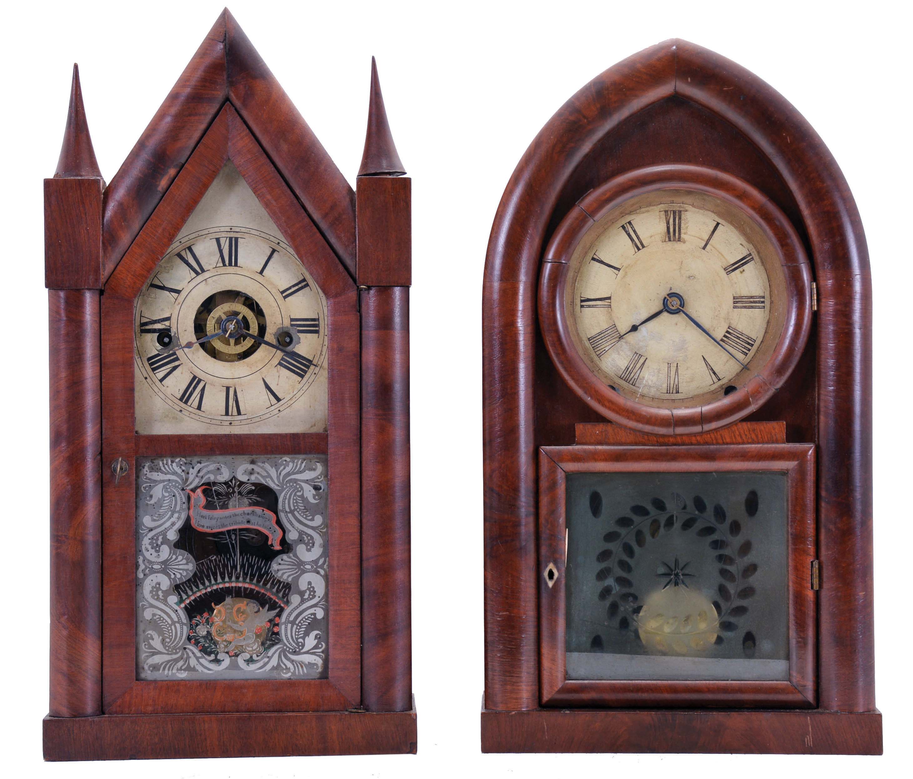 Clocks- 2 (Two): (1) Terry &amp; Andrews, Bristol, Conn., 30 hour, time, strike and alarm spring driven movement sharp gothic or steeple clock, c1850; (2) Brewster &amp; Ingrahams, Bristol, Conn., 8 day, time and strike spring driven movement Round Gothic or beehive clock, c1845 — Antique Clocks Price Guide